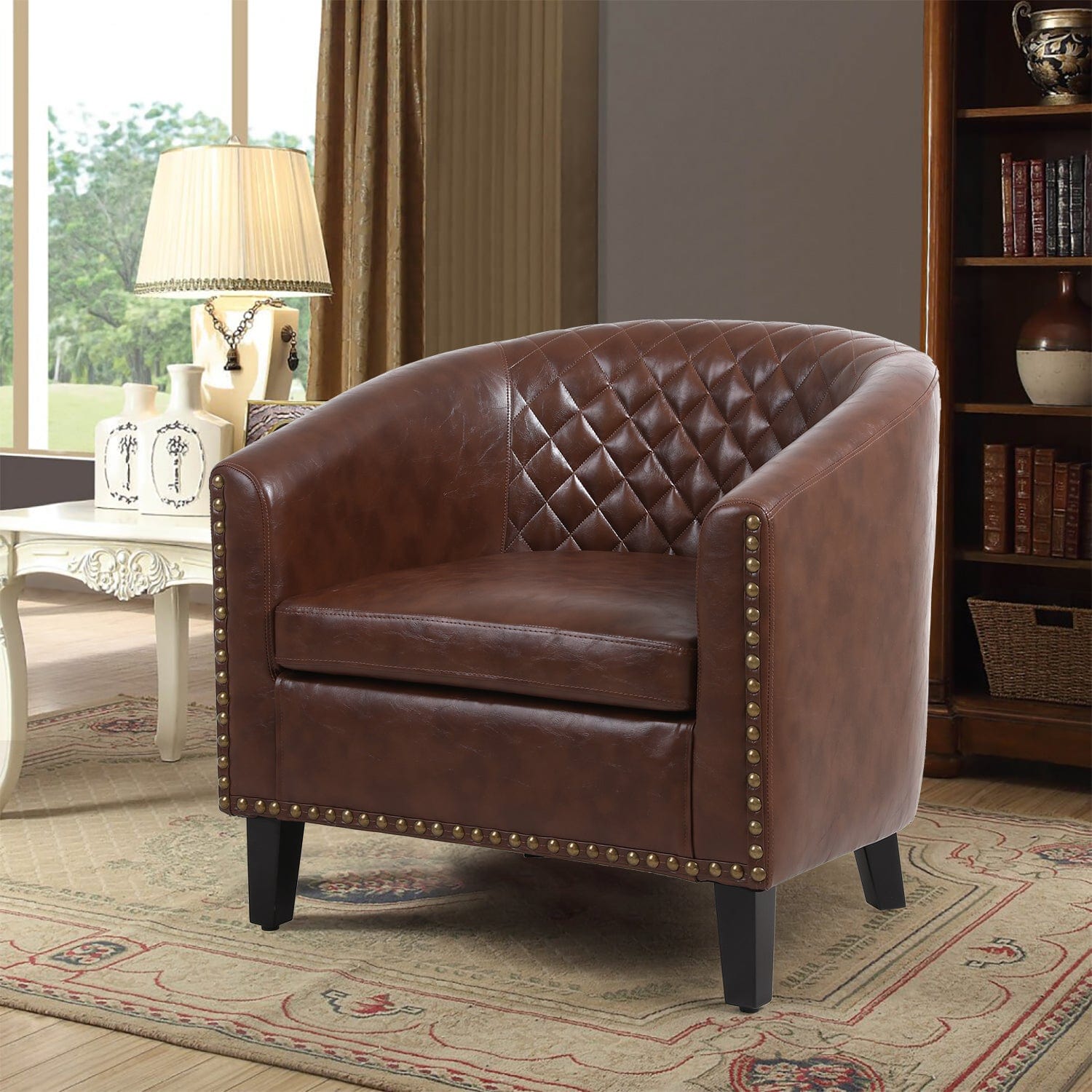 THE FURNITURE CO. Accent Chair Scandinavian Barrel Chair with Padded Armrests and Solid Wood Legs in Faux Leather