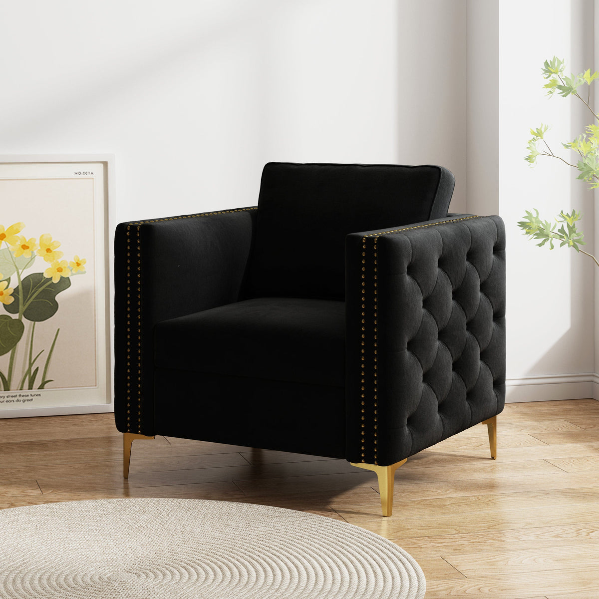 THE FURNITURE CO. Accent Chair Sophisticated Black Velvet Accent Chair with Gold Metal Legs