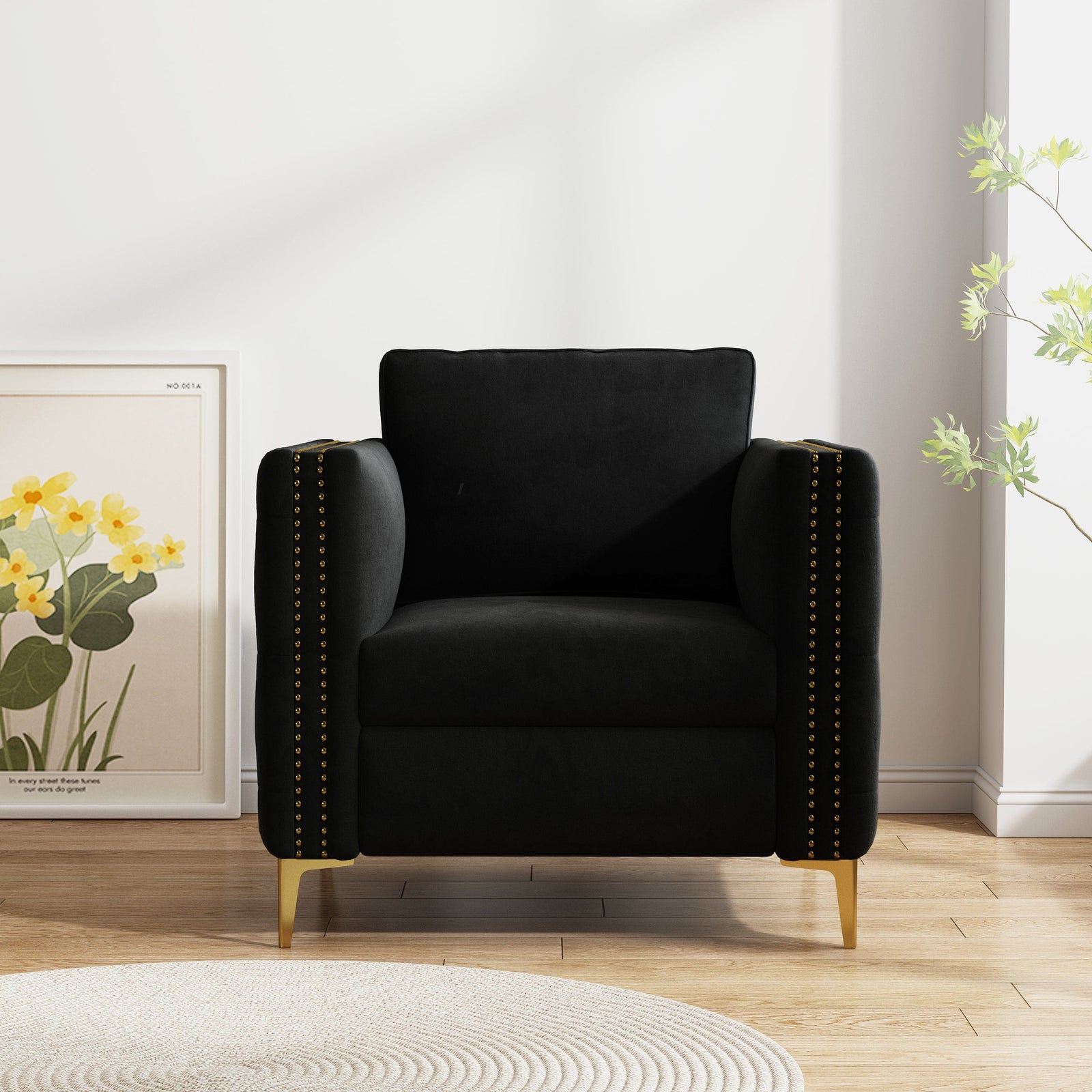 THE FURNITURE CO. Accent Chair Sophisticated Black Velvet Accent Chair with Gold Metal Legs