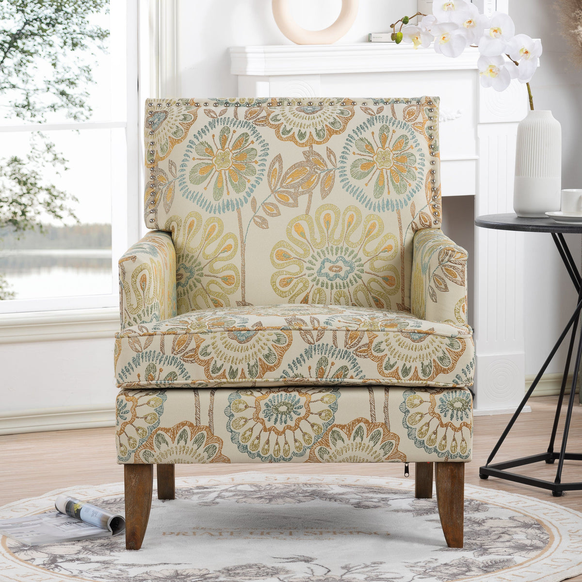 THE FURNITURE CO. Accent Chair Squared Floral Beige and Yellow Fabric Accent Chair