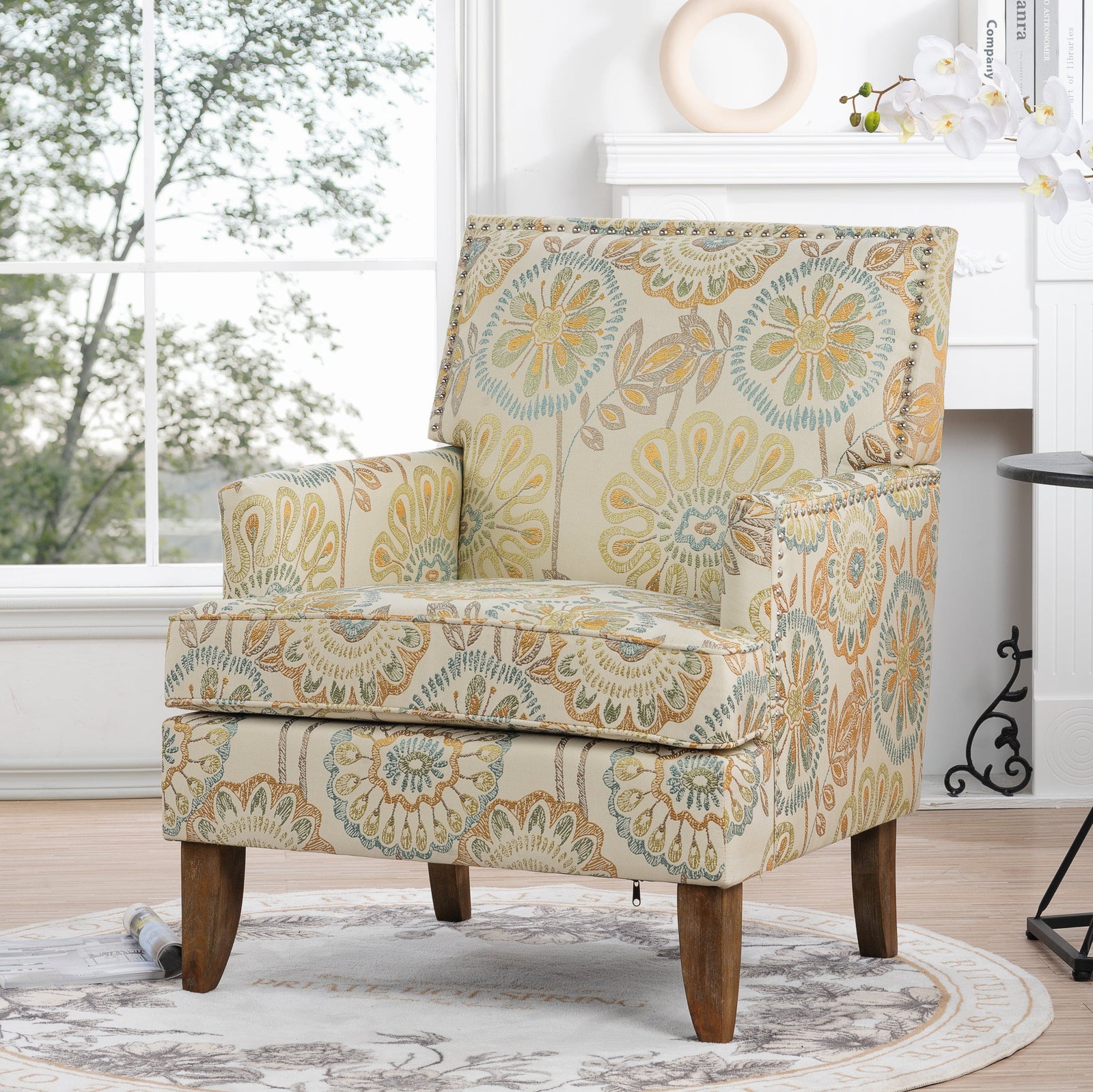 THE FURNITURE CO. Accent Chair Squared Floral Beige and Yellow Fabric Accent Chair
