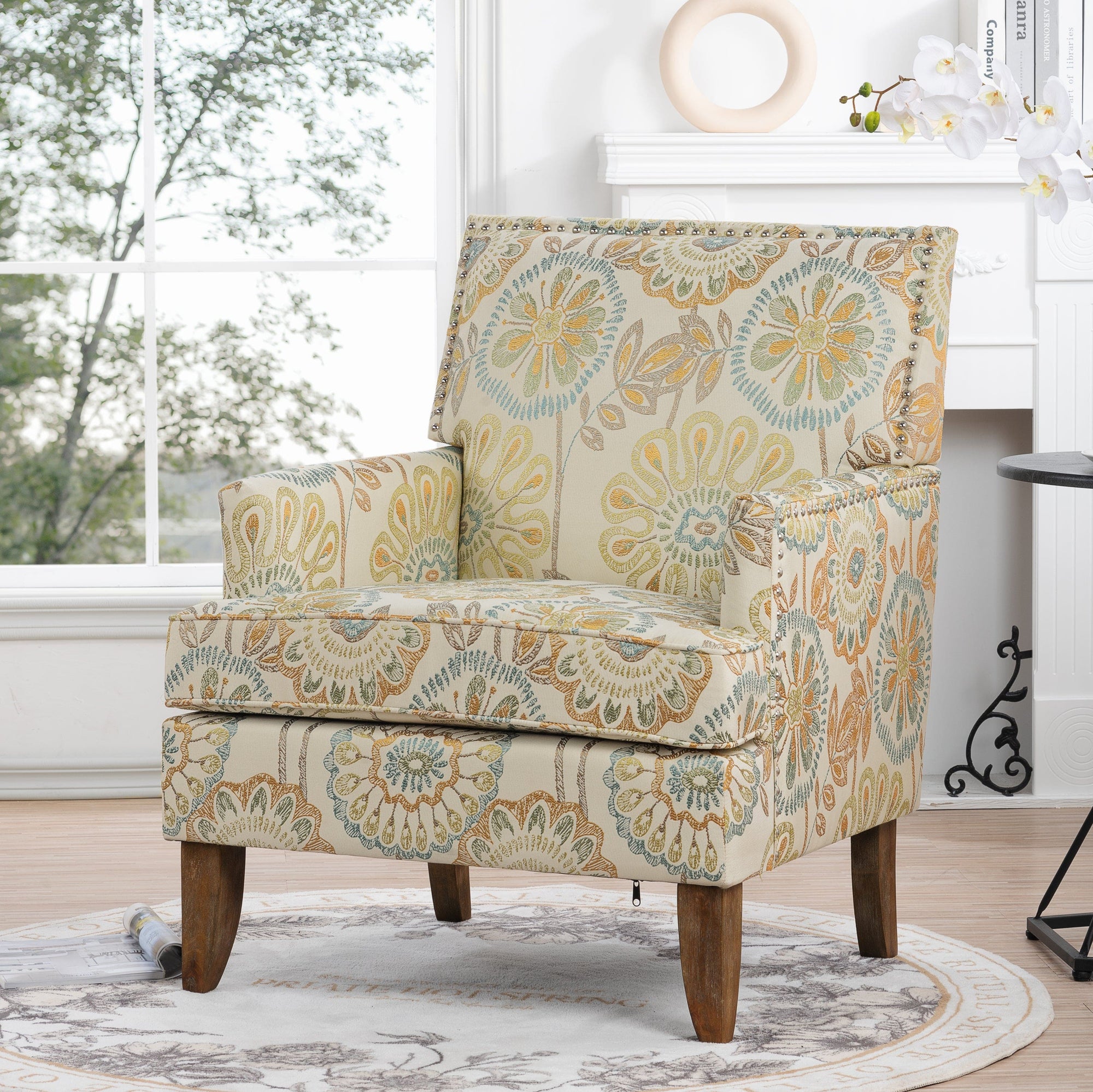 THE FURNITURE CO. Accent Chair Squared Floral Beige and Yellow Fabric Accent Chair