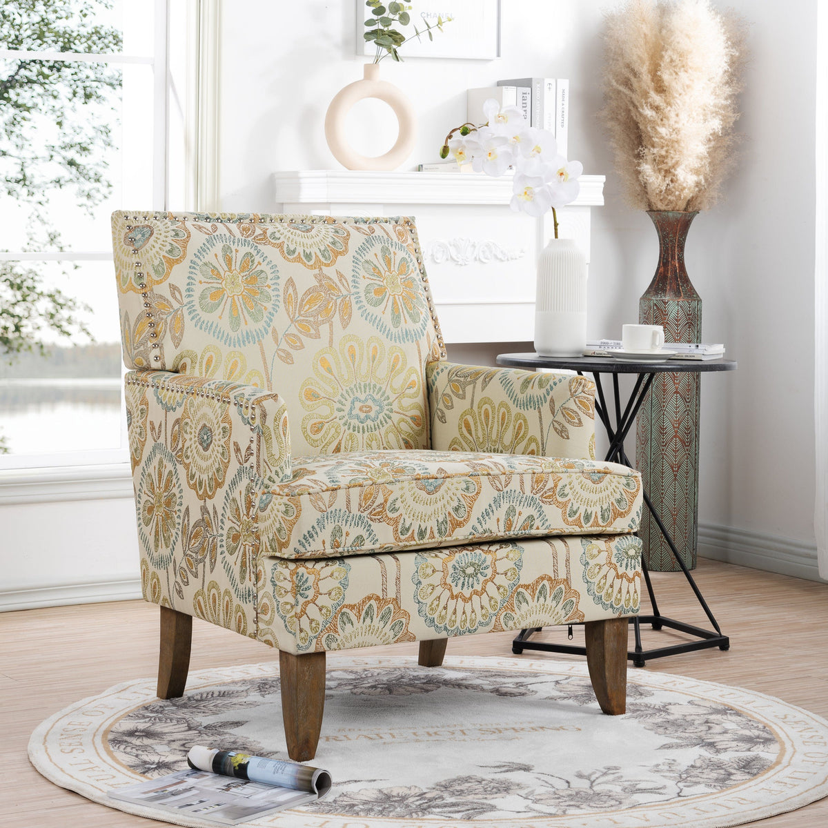 THE FURNITURE CO. Accent Chair Squared Floral Beige and Yellow Fabric Accent Chair