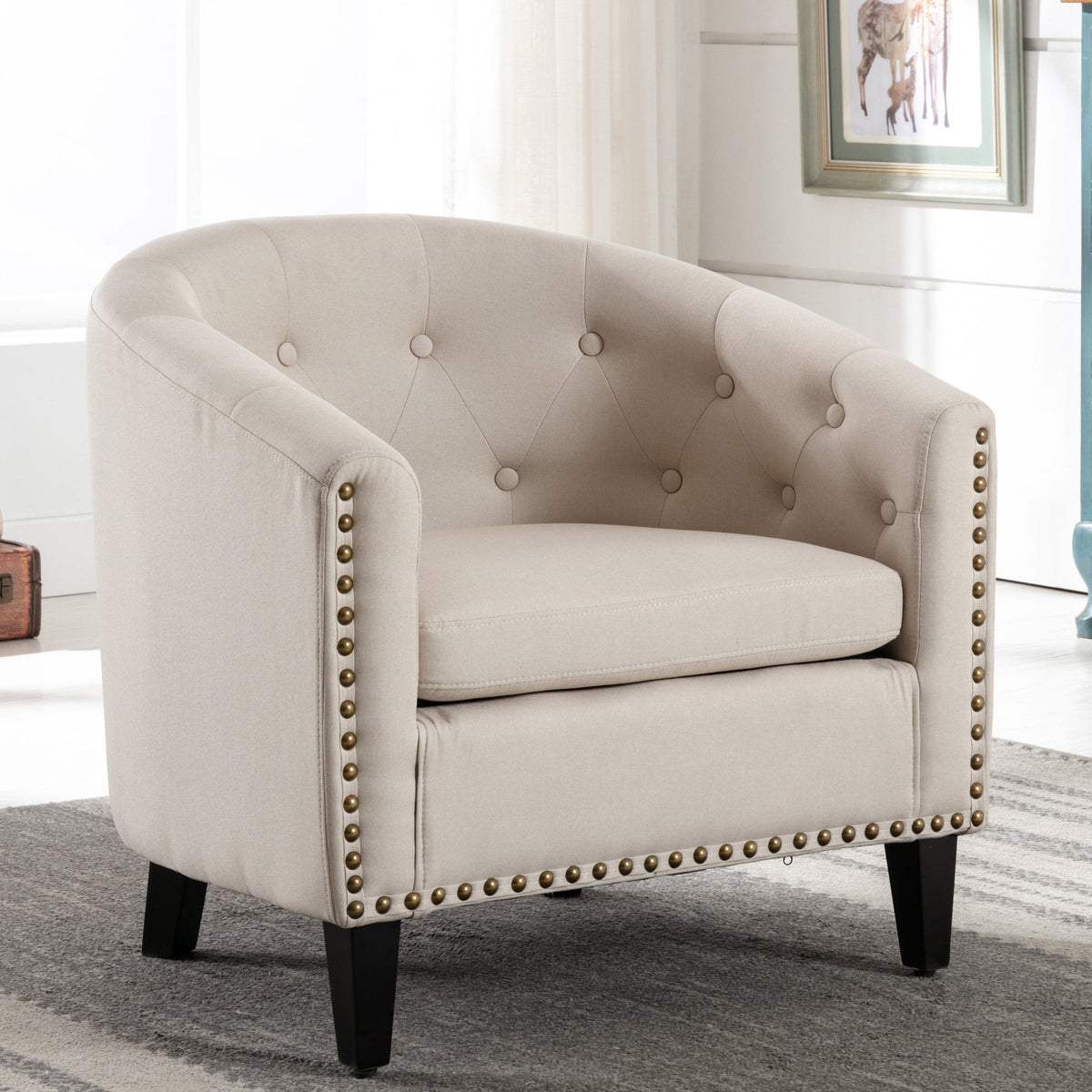 THE FURNITURE CO. Accent Chair Tan Tufted Chesterfield-Inspired Barrel Armchair