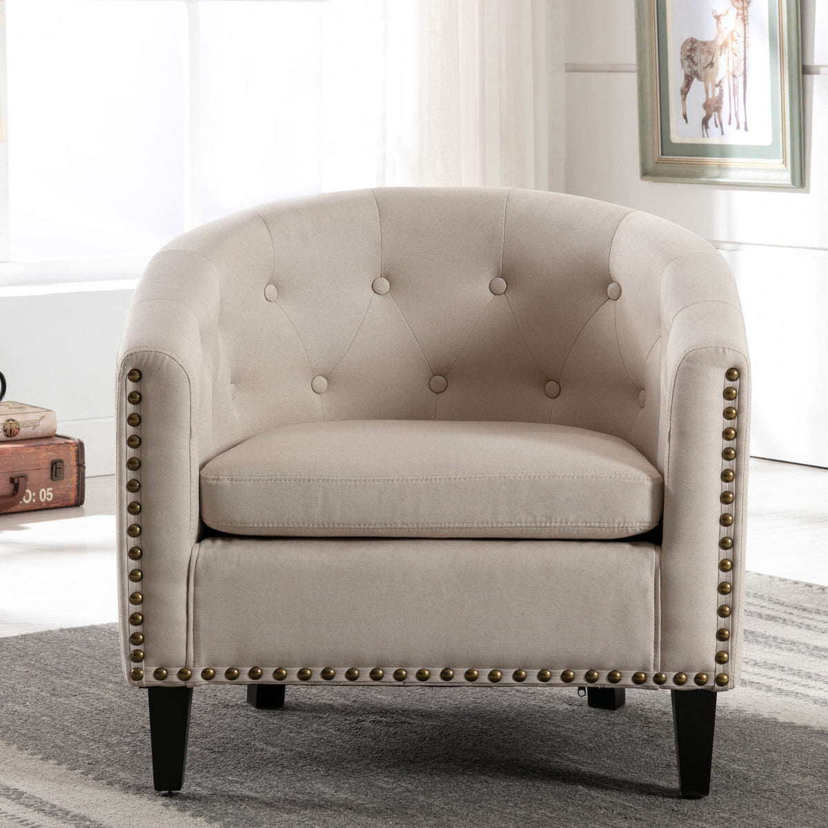 THE FURNITURE CO. Accent Chair Tan Tufted Chesterfield-Inspired Barrel Armchair