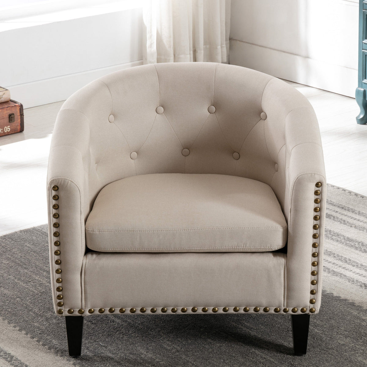 THE FURNITURE CO. Accent Chair Tan Tufted Chesterfield-Inspired Barrel Armchair