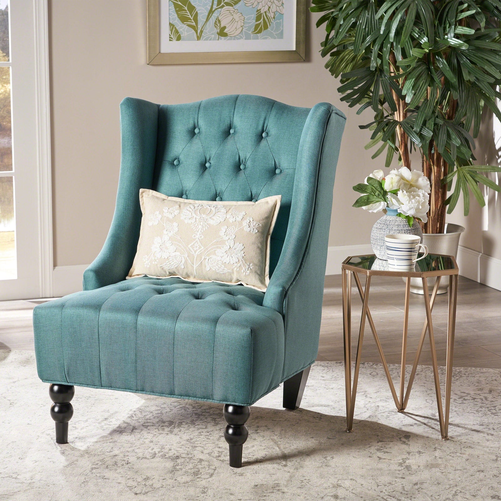 THE FURNITURE CO. Accent Chair Upholstered Wingback Accent Chair In Teal Fabric