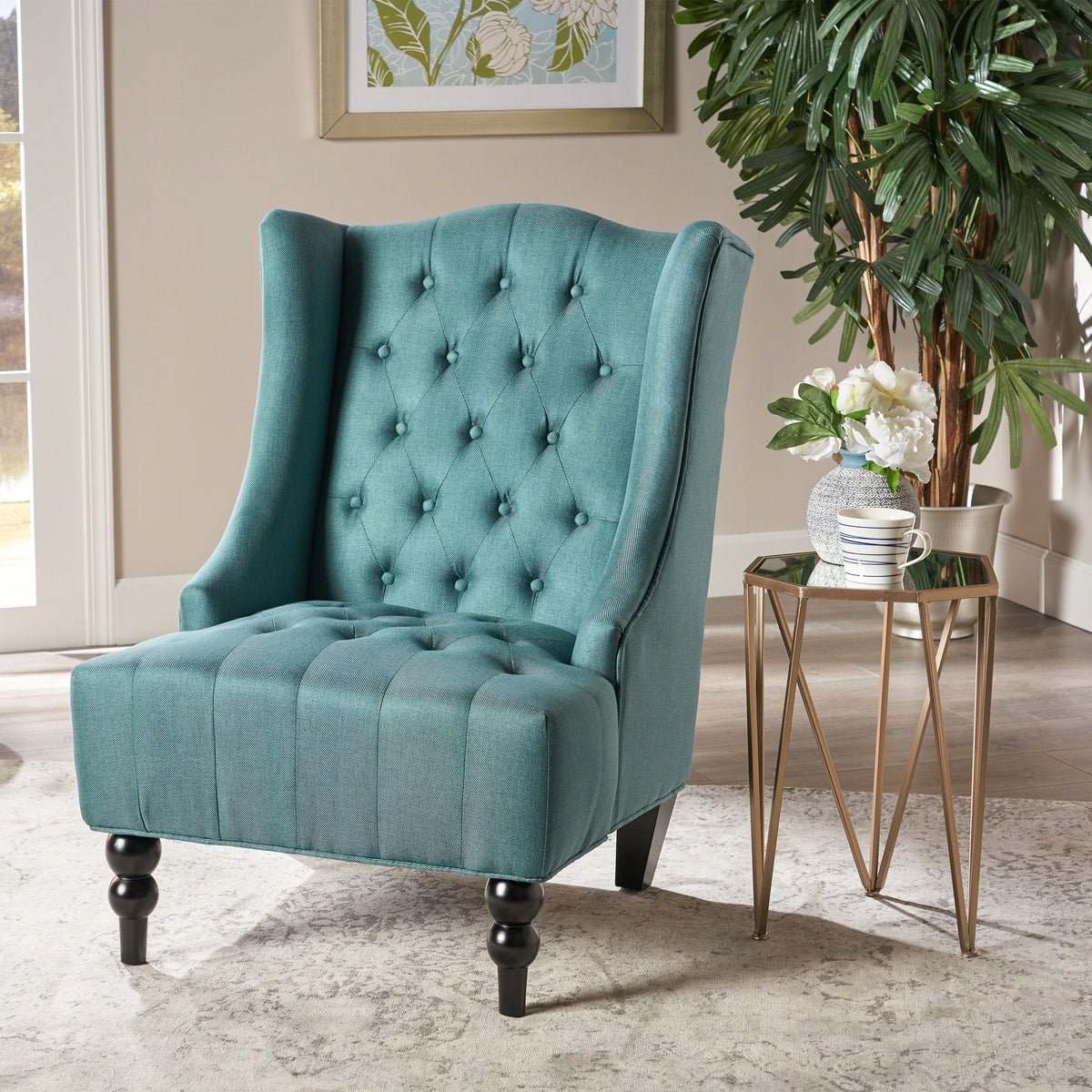 THE FURNITURE CO. Accent Chair Upholstered Wingback Accent Chair In Teal Fabric