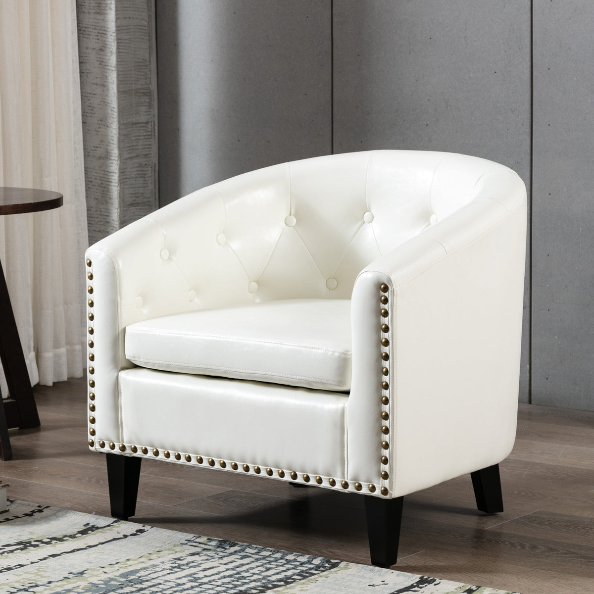 THE FURNITURE CO. Accent Chair White Chesterfield-Inspired PU Leather Tufted Barrel Chair