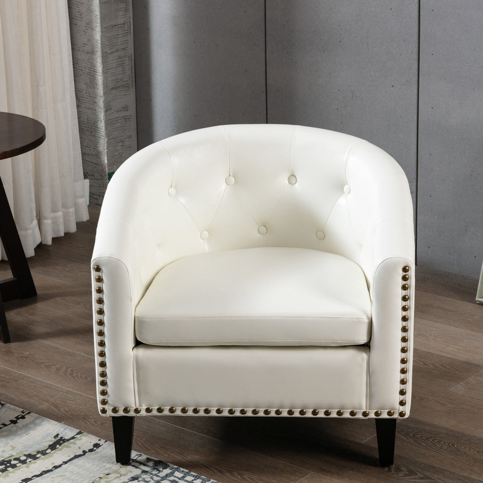 THE FURNITURE CO. Accent Chair White Chesterfield-Inspired PU Leather Tufted Barrel Chair