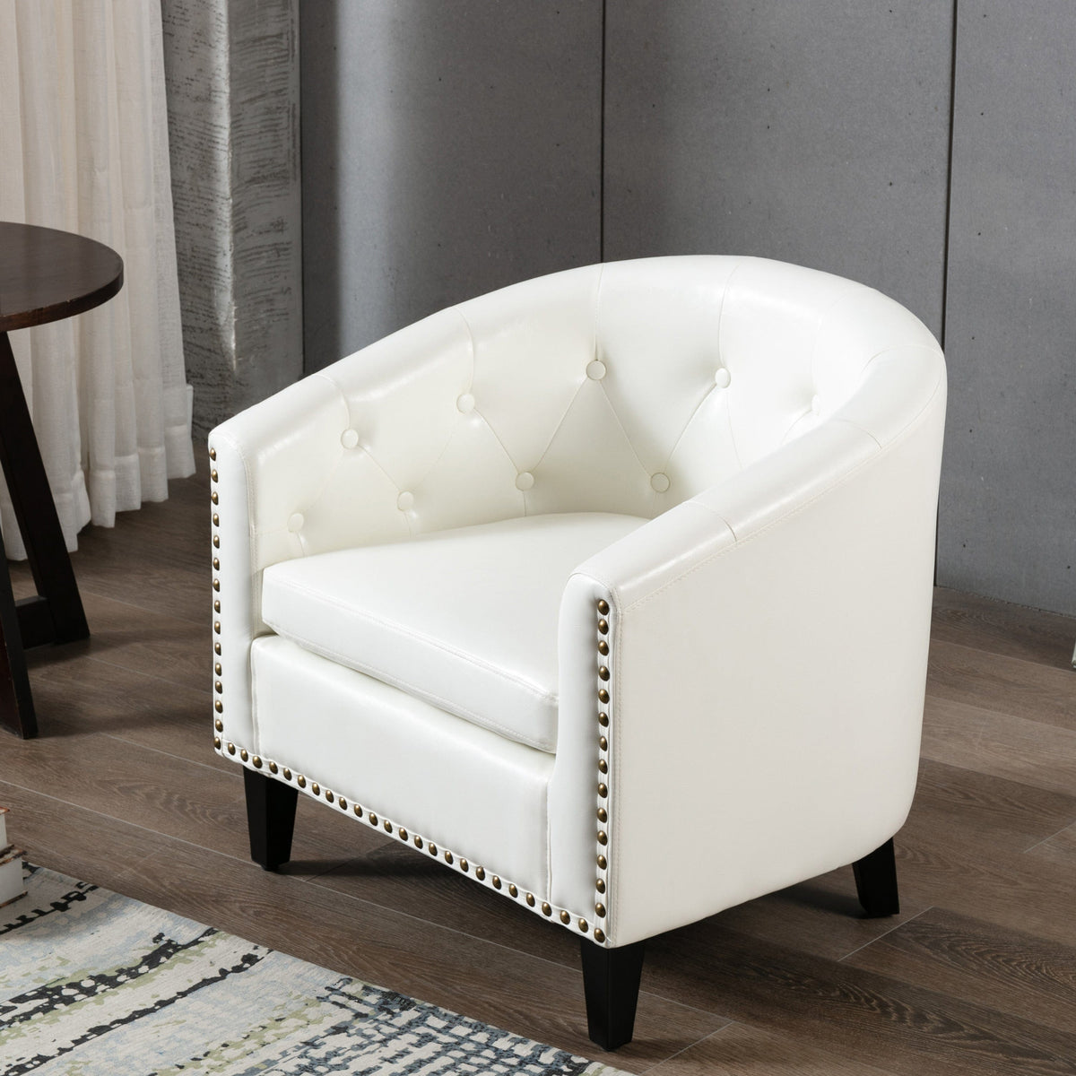 THE FURNITURE CO. Accent Chair White Chesterfield-Inspired PU Leather Tufted Barrel Chair