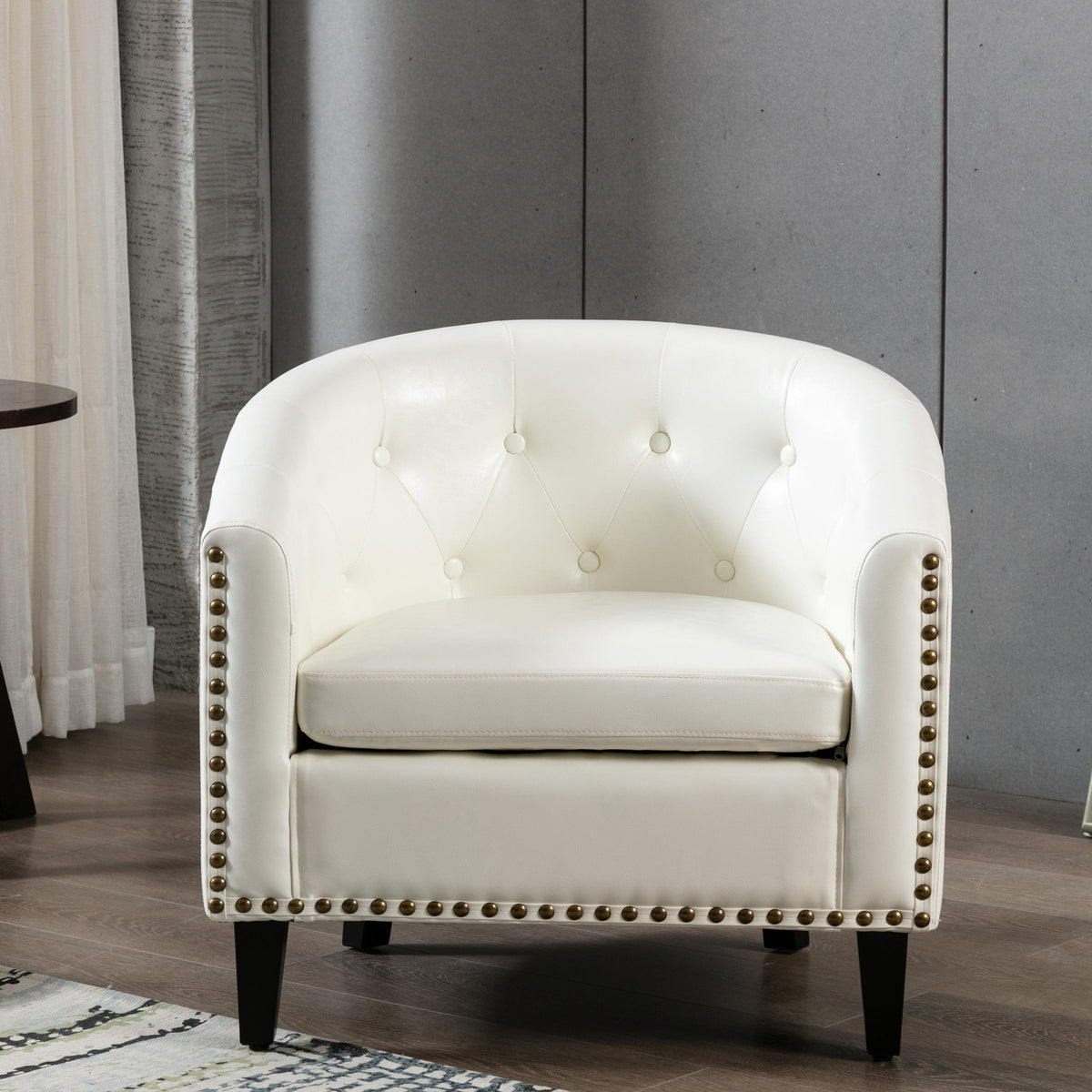 THE FURNITURE CO. Accent Chair White Chesterfield-Inspired PU Leather Tufted Barrel Chair