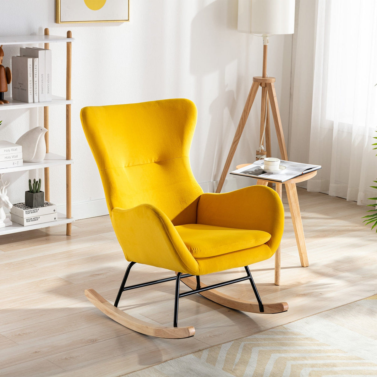 THE FURNITURE CO. Accent Chair Yellow Upholstered Rocking Chair With High Backrest And Armrests