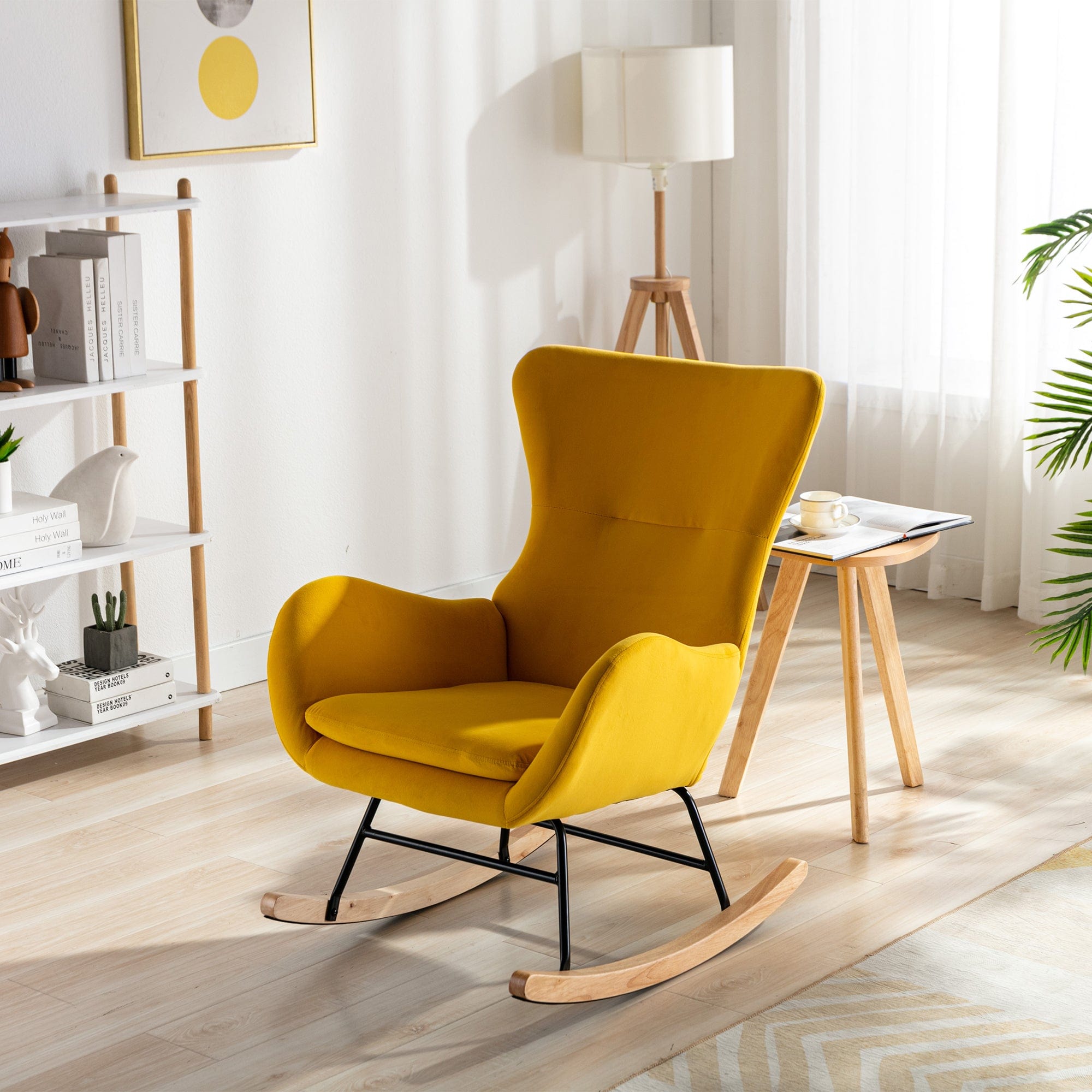 THE FURNITURE CO. Accent Chair Yellow Upholstered Rocking Chair With High Backrest And Armrests