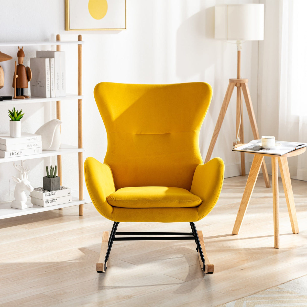 THE FURNITURE CO. Accent Chair Yellow Upholstered Rocking Chair With High Backrest And Armrests