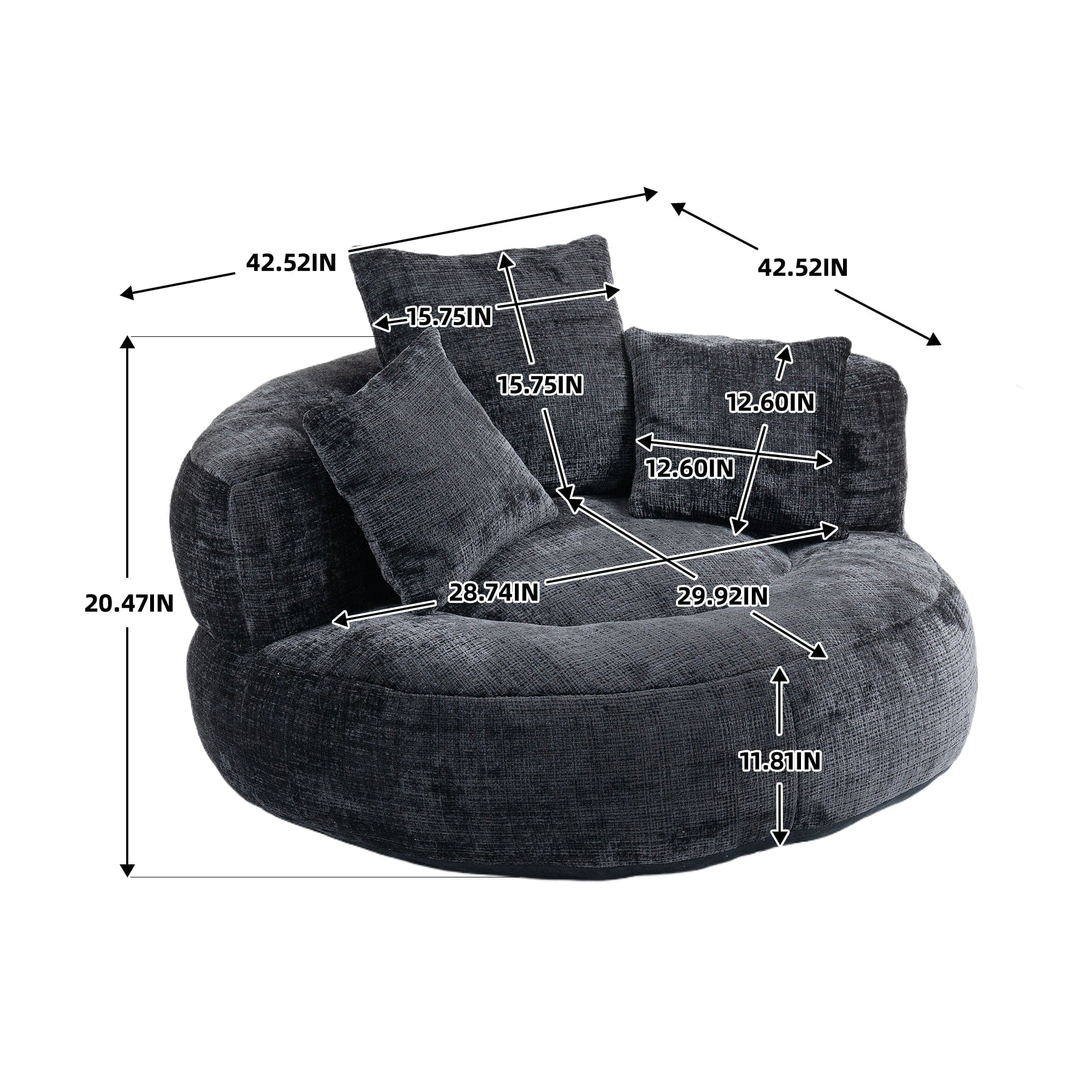 THE FURNITURE CO. Bean Bag Chair Default Comfortable Lazy Lounger Bean Bag Couch in Black Chenille