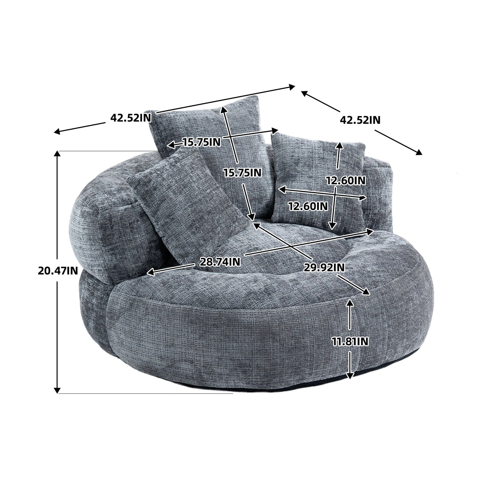 THE FURNITURE CO. Bean Bag Chair Default Comfortable Lazy Lounger Bean Bag Couch in Gray Chenille