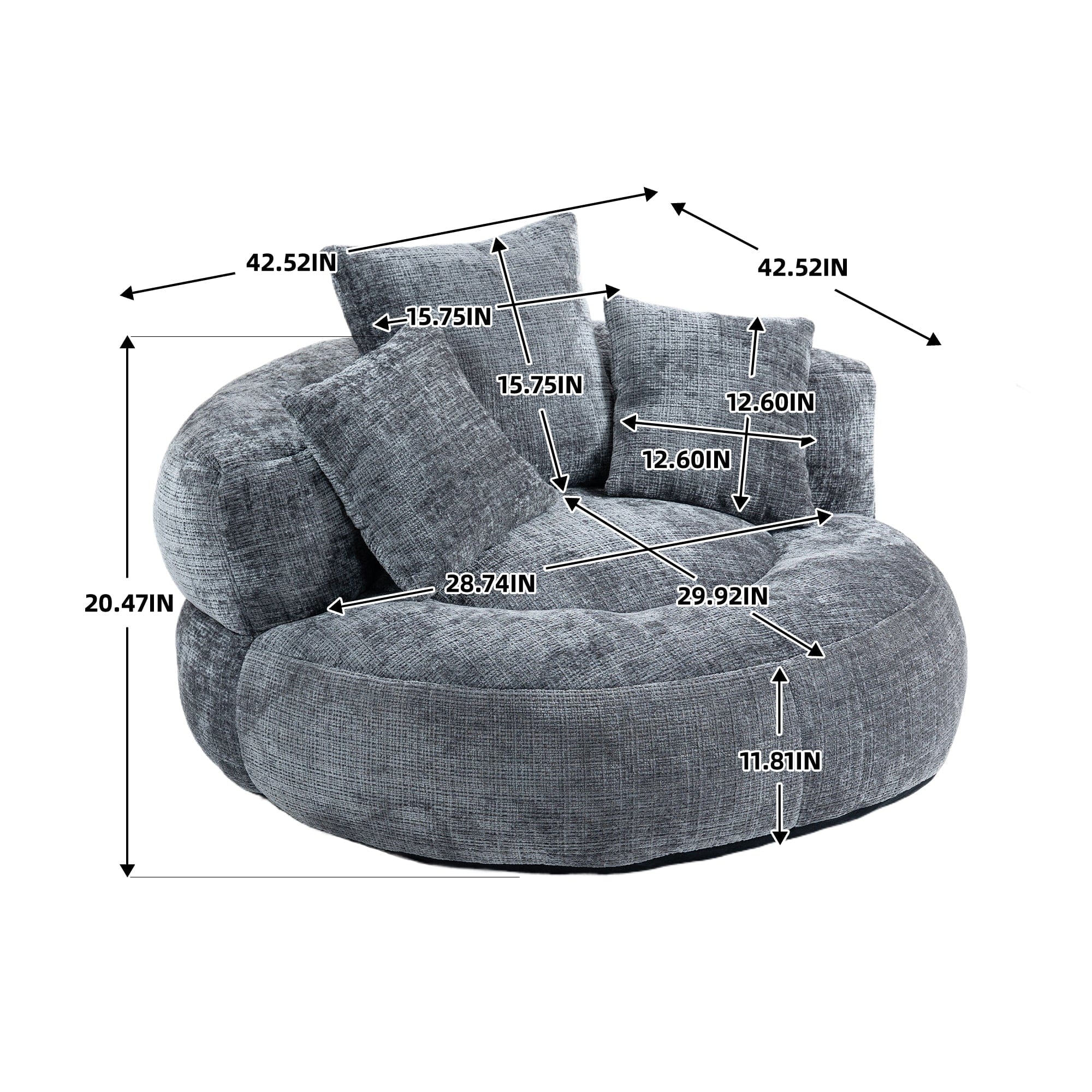 THE FURNITURE CO. Bean Bag Chair Default Comfortable Lazy Lounger Bean Bag Couch in Gray Chenille