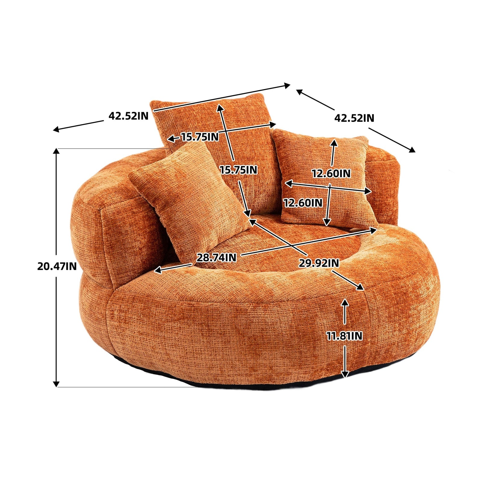 THE FURNITURE CO. Bean Bag Chair Default Comfortable Lazy Lounger Bean Bag Couch in Orange Chenille
