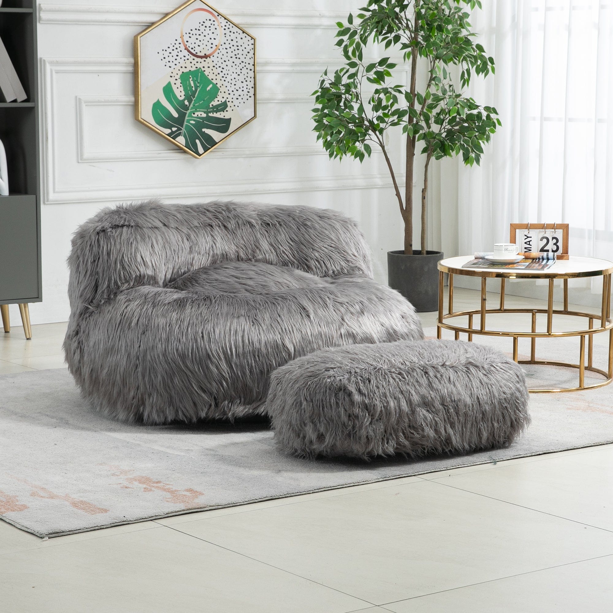 THE FURNITURE CO. Bean Bag Chair Shaggy Bean Bag Chair with Ottoman and Handle In Gray