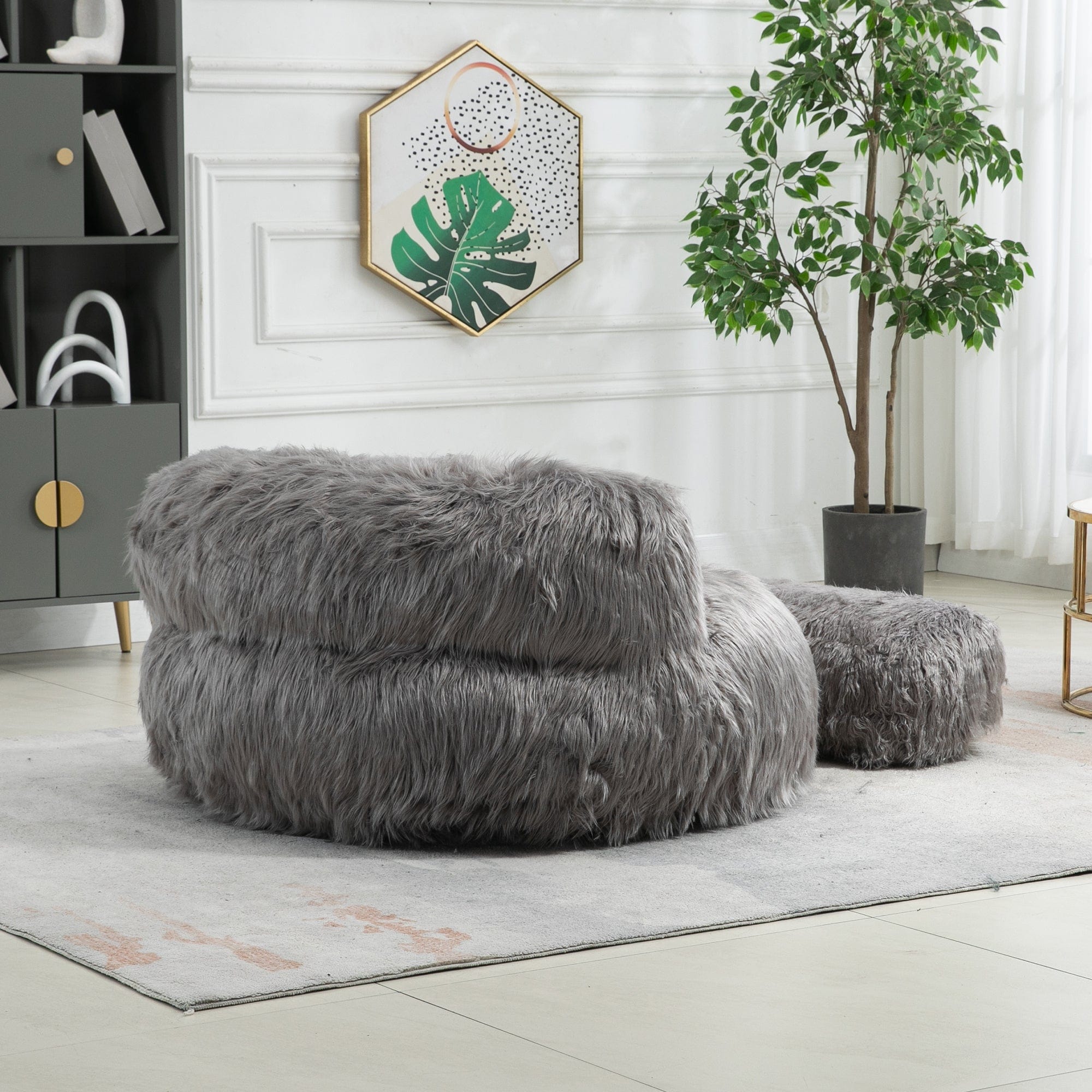 THE FURNITURE CO. Bean Bag Chair Shaggy Bean Bag Chair with Ottoman and Handle In Gray