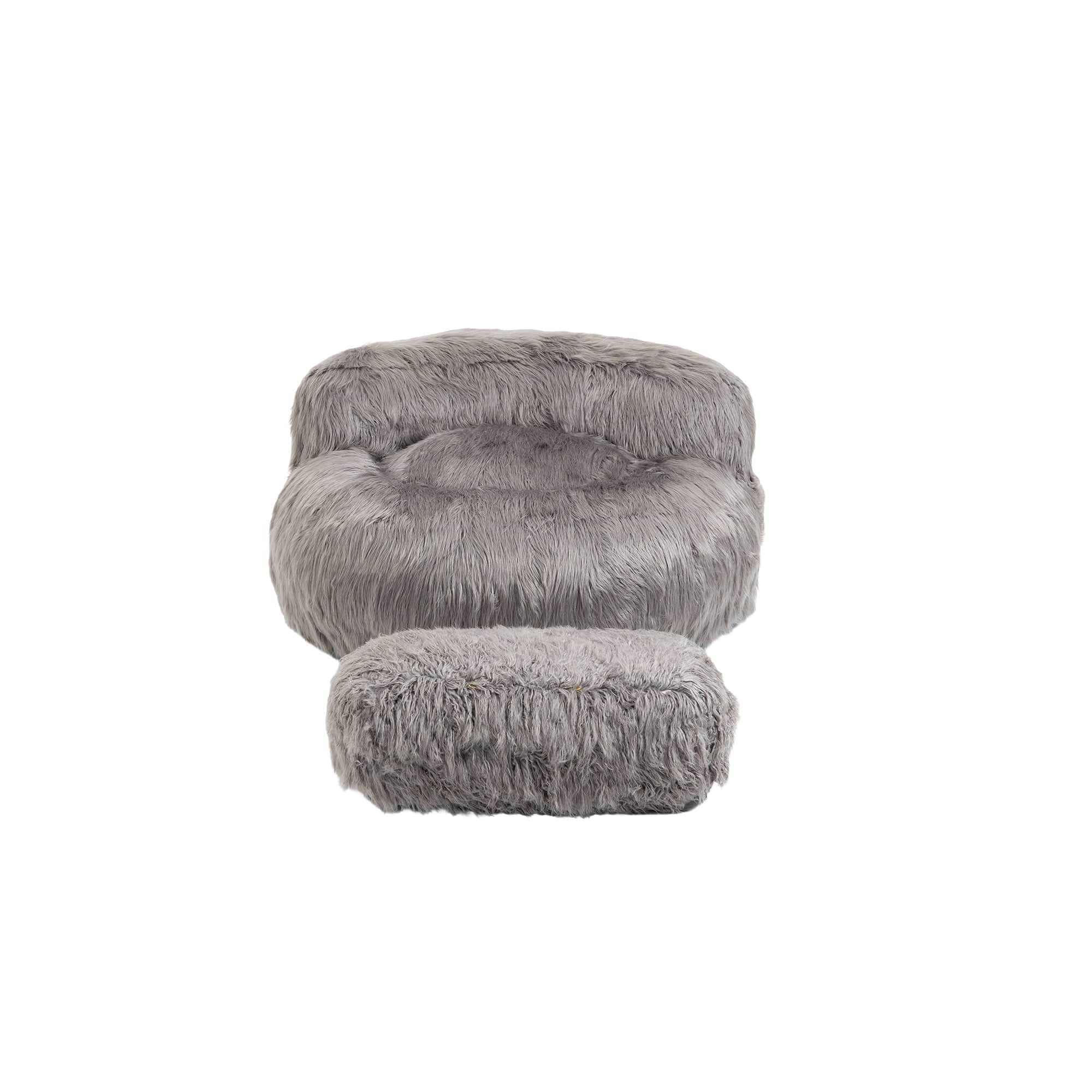 THE FURNITURE CO. Bean Bag Chair Shaggy Bean Bag Chair with Ottoman and Handle In Gray