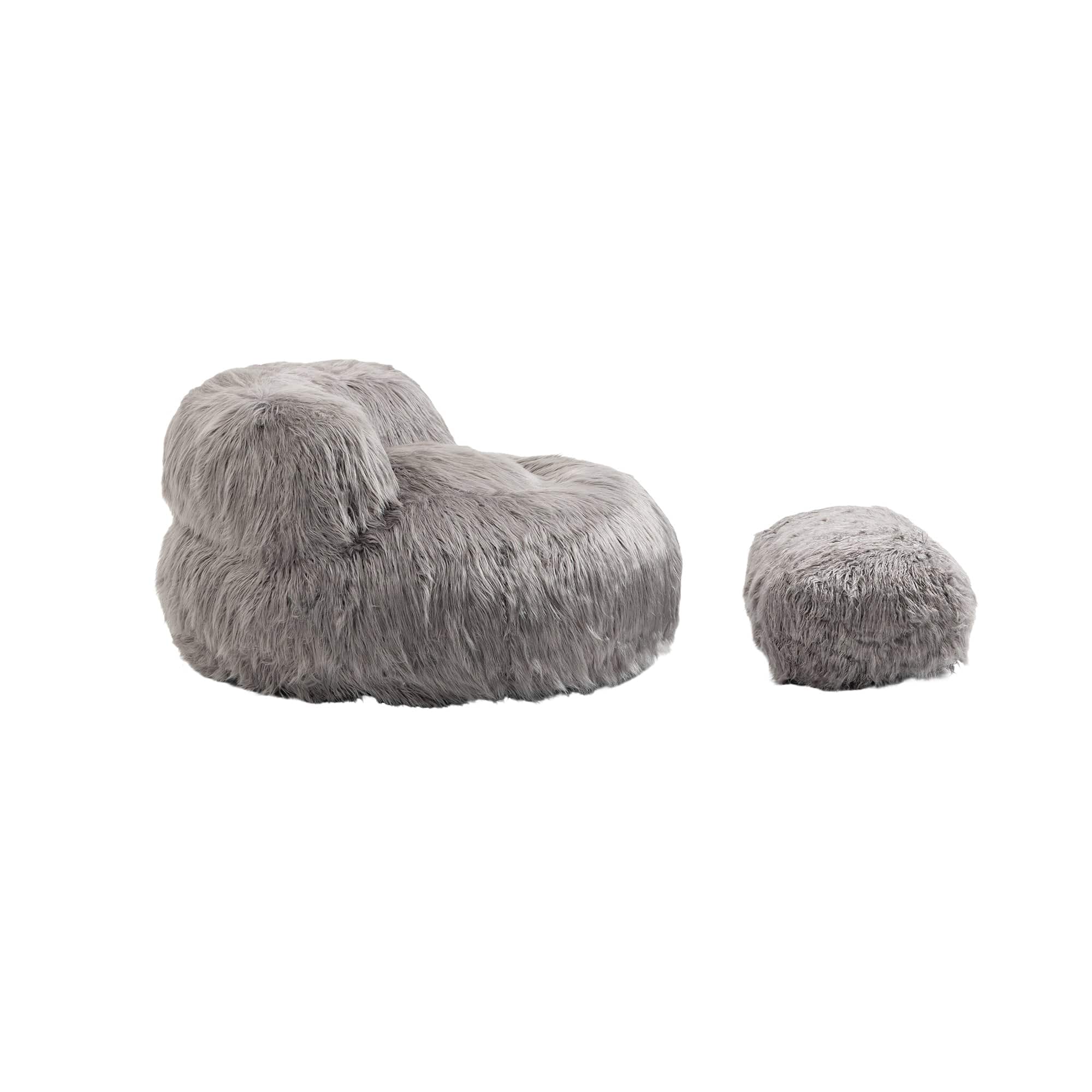 THE FURNITURE CO. Bean Bag Chair Shaggy Bean Bag Chair with Ottoman and Handle In Gray