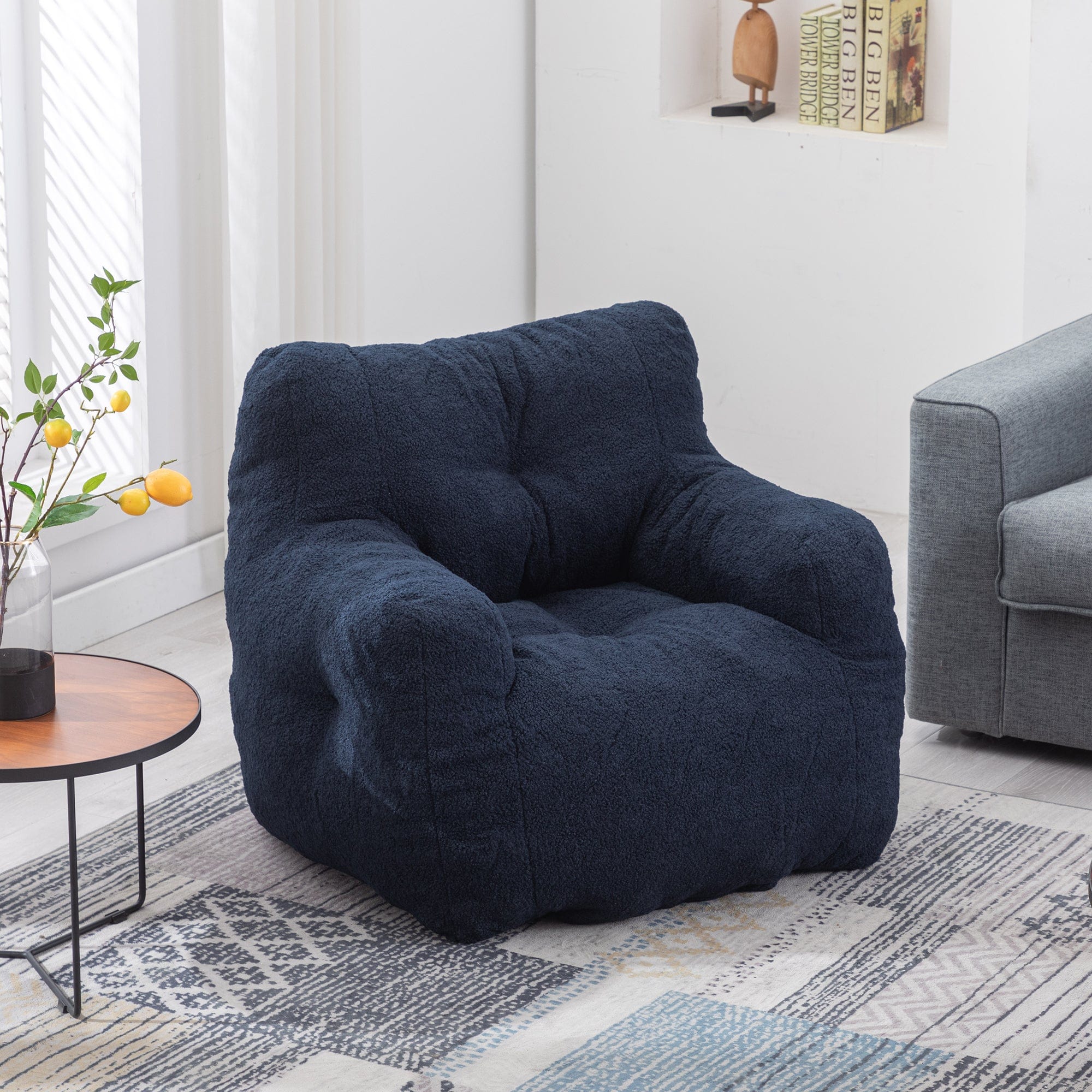 THE FURNITURE CO. Bean Bag Chair Soft Teddy Tufted Bean Bag Chair in Dark Blue