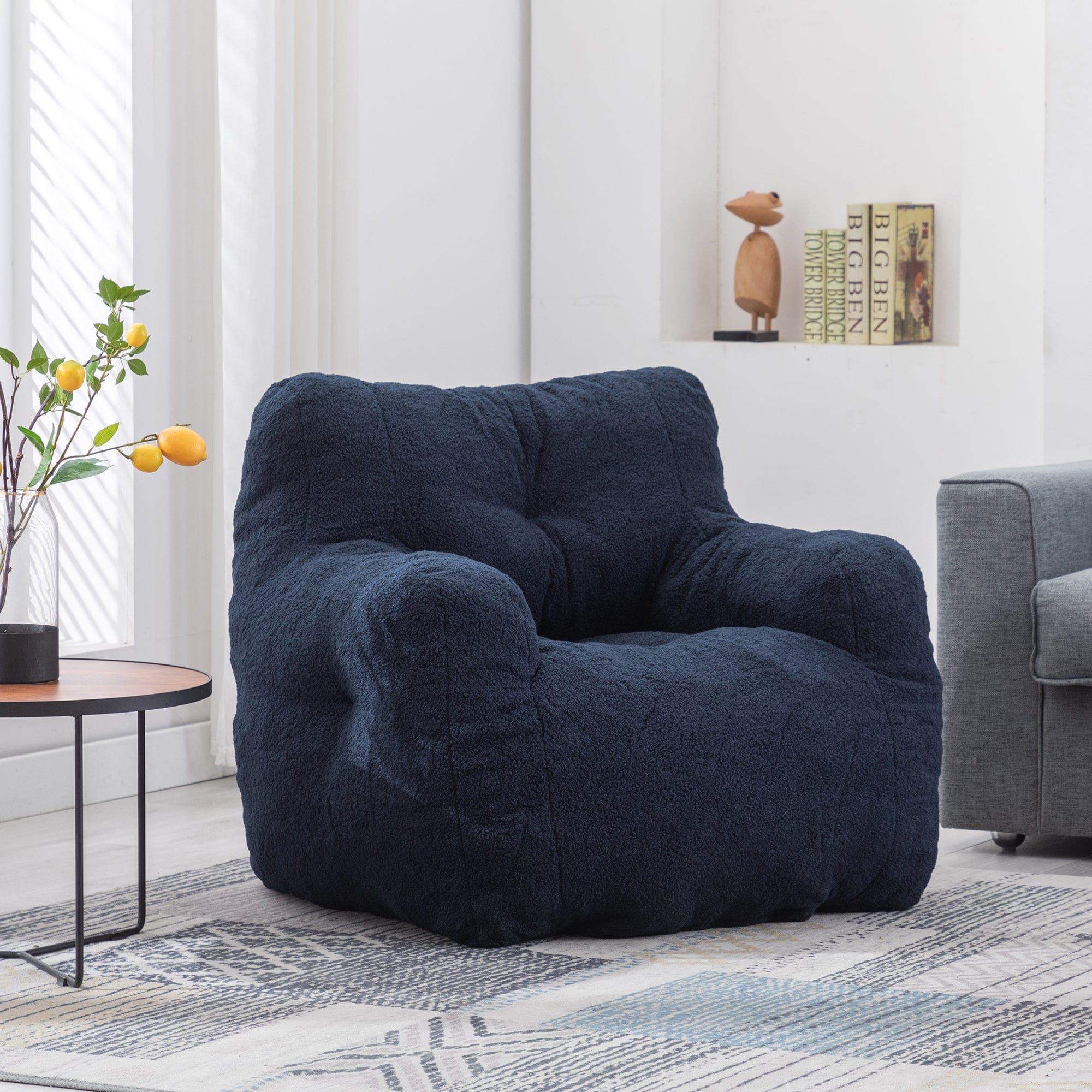 THE FURNITURE CO. Bean Bag Chair Soft Teddy Tufted Bean Bag Chair in Dark Blue