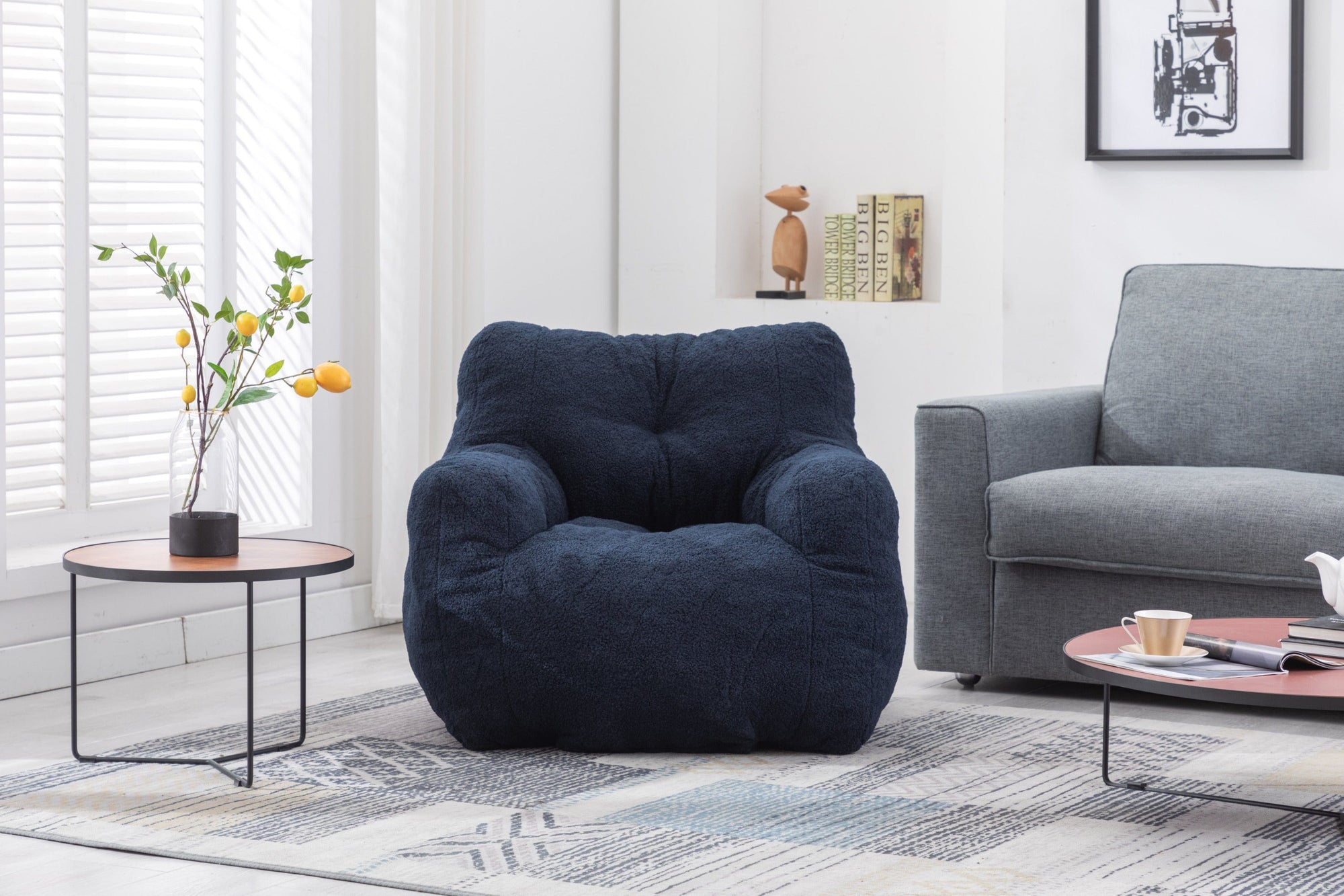 THE FURNITURE CO. Bean Bag Chair Soft Teddy Tufted Bean Bag Chair in Dark Blue