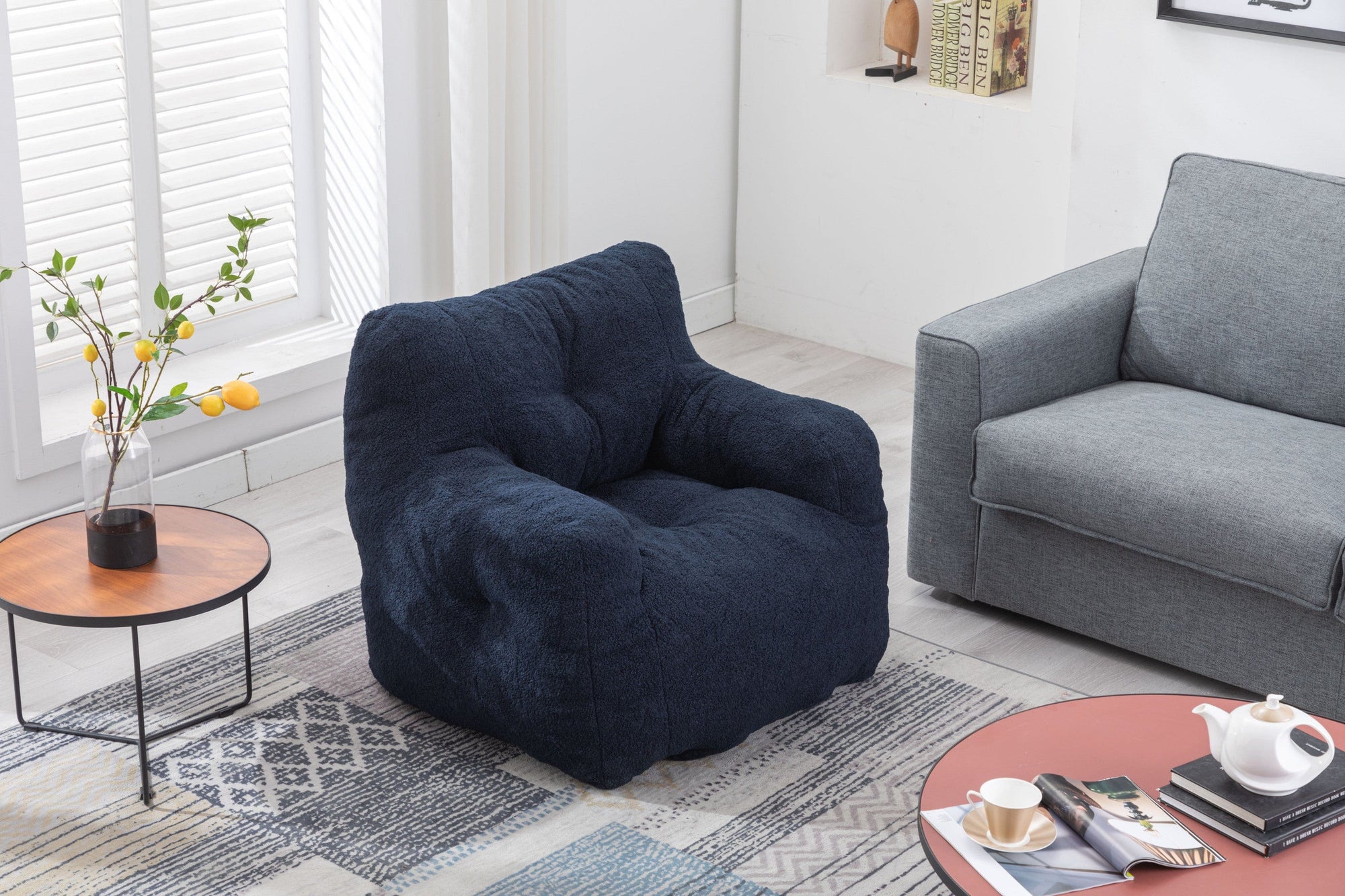 THE FURNITURE CO. Bean Bag Chair Soft Teddy Tufted Bean Bag Chair in Dark Blue