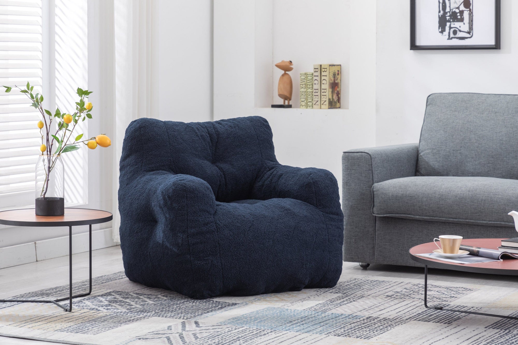 THE FURNITURE CO. Bean Bag Chair Soft Teddy Tufted Bean Bag Chair in Dark Blue