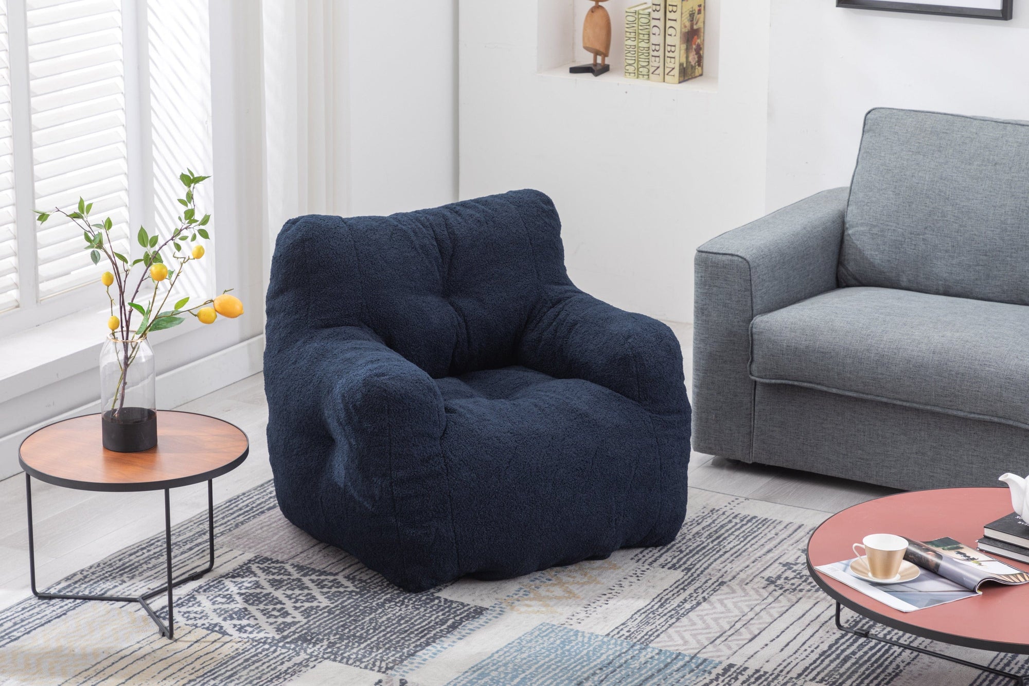 THE FURNITURE CO. Bean Bag Chair Soft Teddy Tufted Bean Bag Chair in Dark Blue