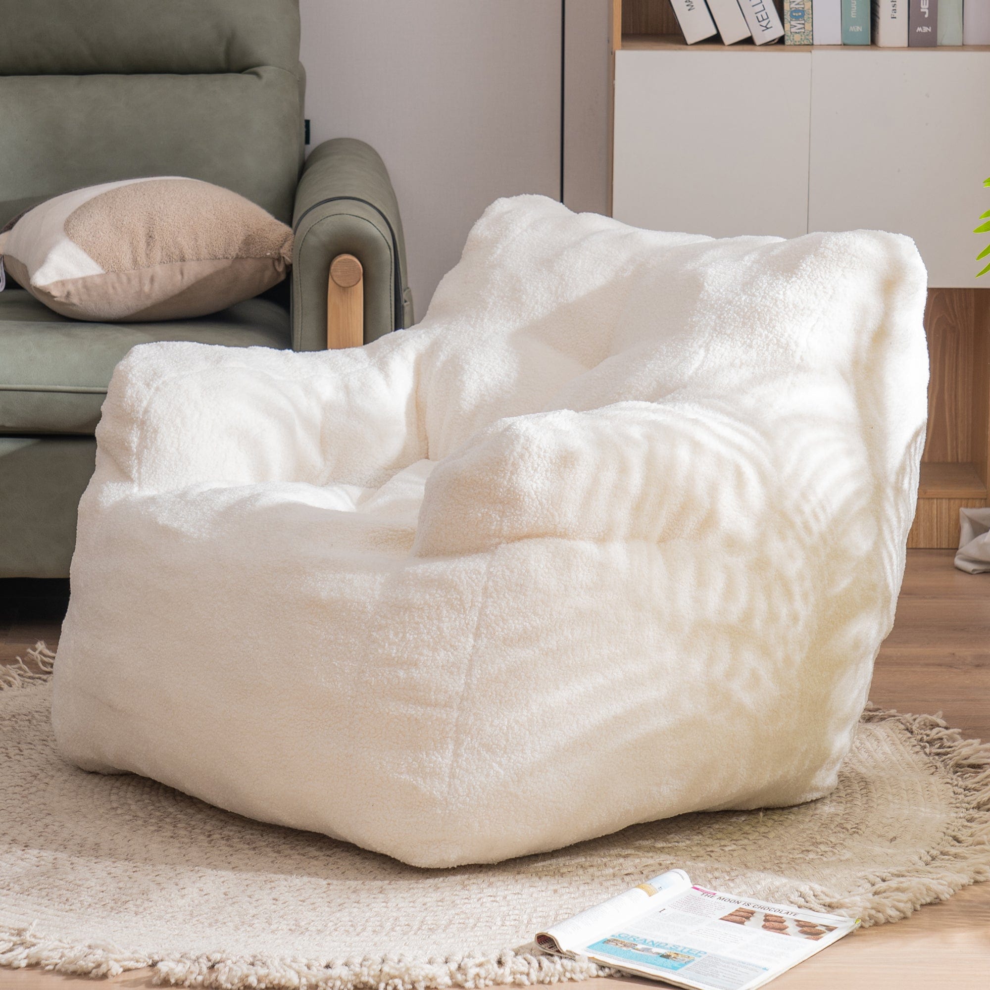 THE FURNITURE CO. Bean Bag Chair Soft Teddy Tufted Bean Bag Chair in Ivory White