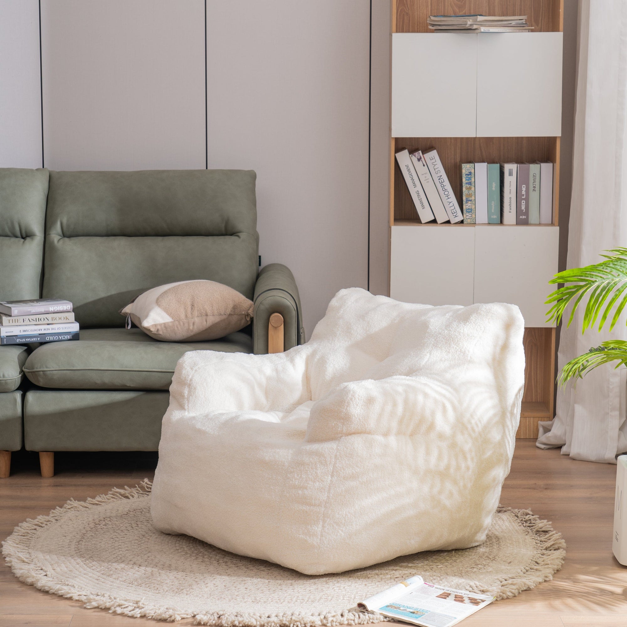 THE FURNITURE CO. Bean Bag Chair Soft Teddy Tufted Bean Bag Chair in Ivory White