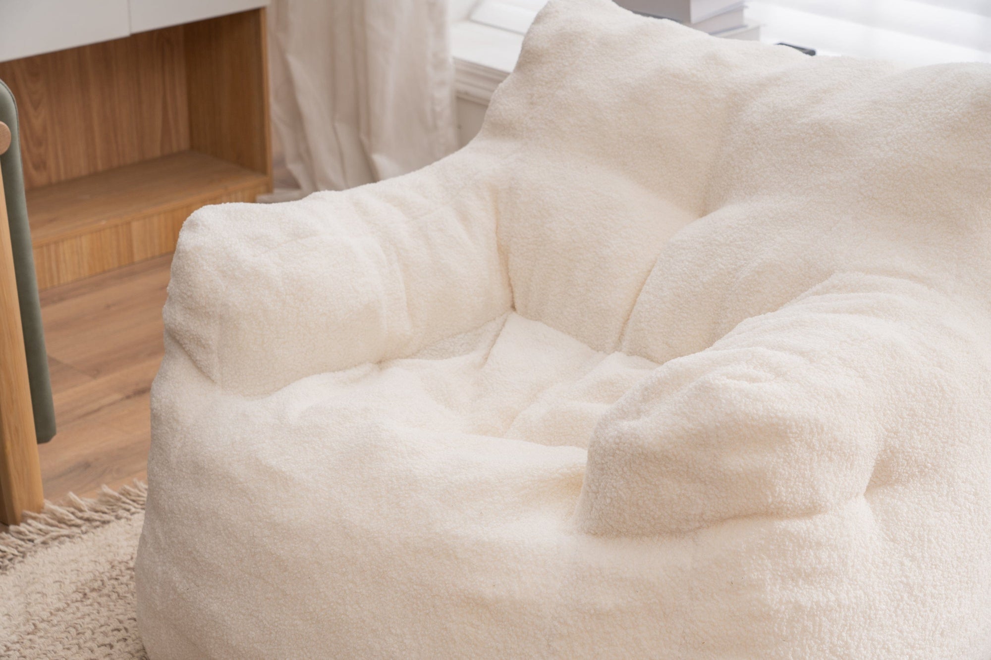 THE FURNITURE CO. Bean Bag Chair Soft Teddy Tufted Bean Bag Chair in Ivory White