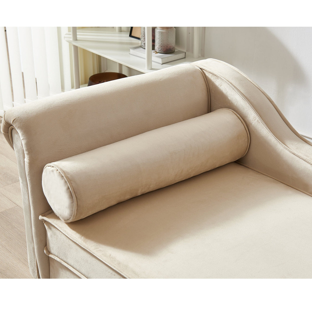 THE FURNITURE CO. Convertible Sofa Sleeper Beige Velvet Chaise Lounge With Storage