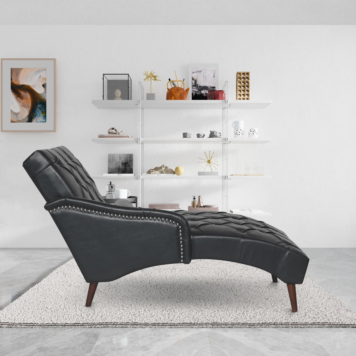 THE FURNITURE CO. Convertible Sofa Sleeper Black Faux Leather Chaise Lounge Arm Chair