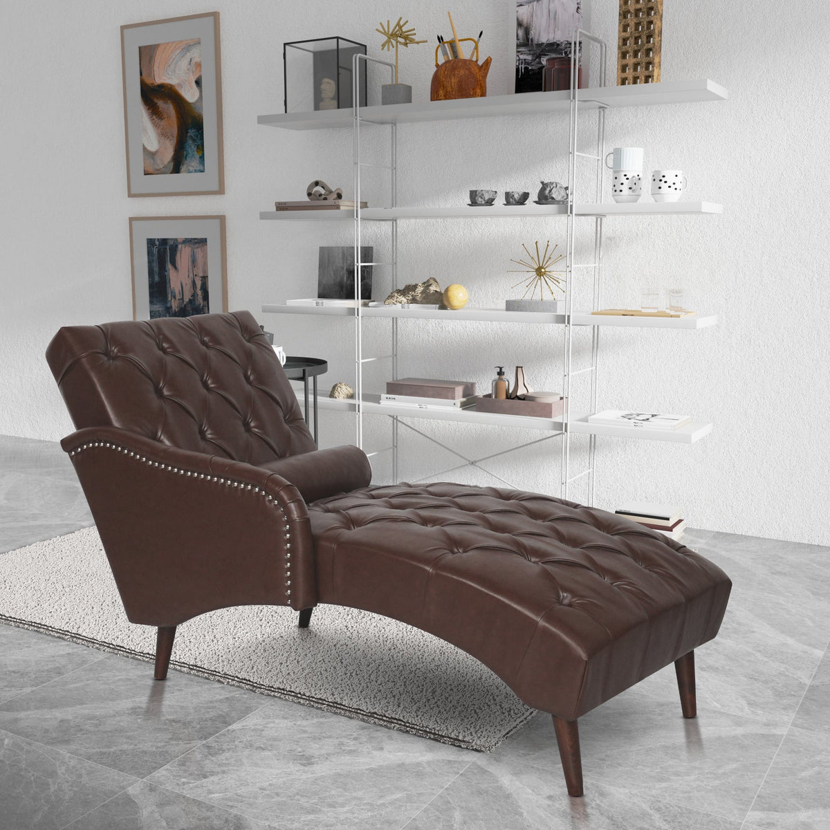 THE FURNITURE CO. Convertible Sofa Sleeper Dark Brown Faux Leather Chaise Lounge Arm Chair with Tufted Backrest and Pillow