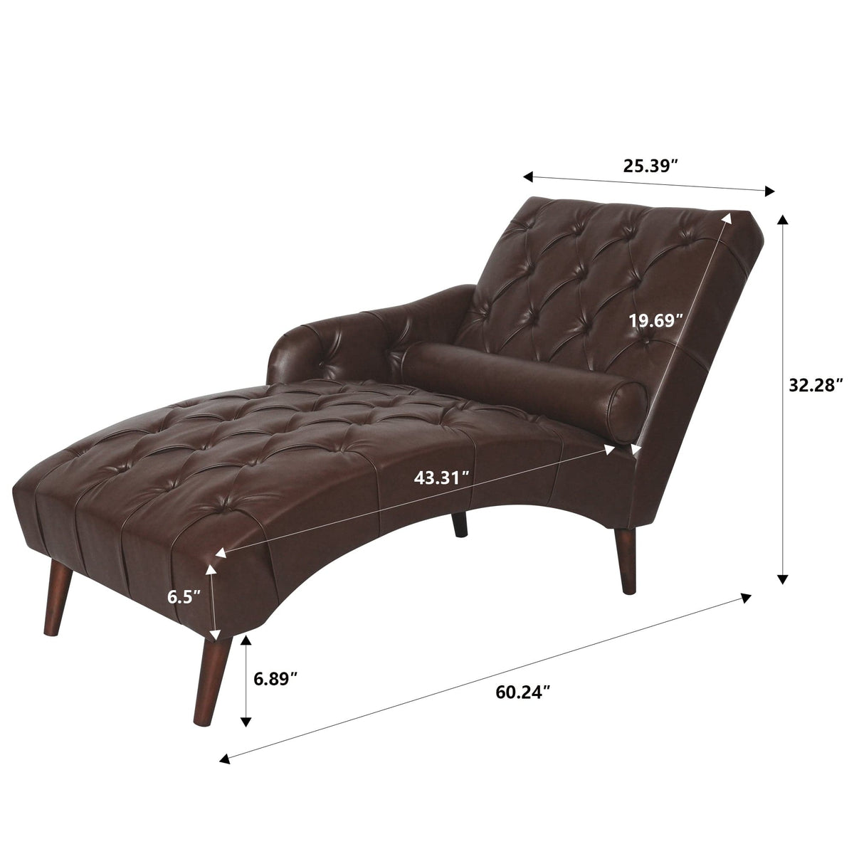 THE FURNITURE CO. Convertible Sofa Sleeper Dark Brown Faux Leather Chaise Lounge Arm Chair with Tufted Backrest and Pillow