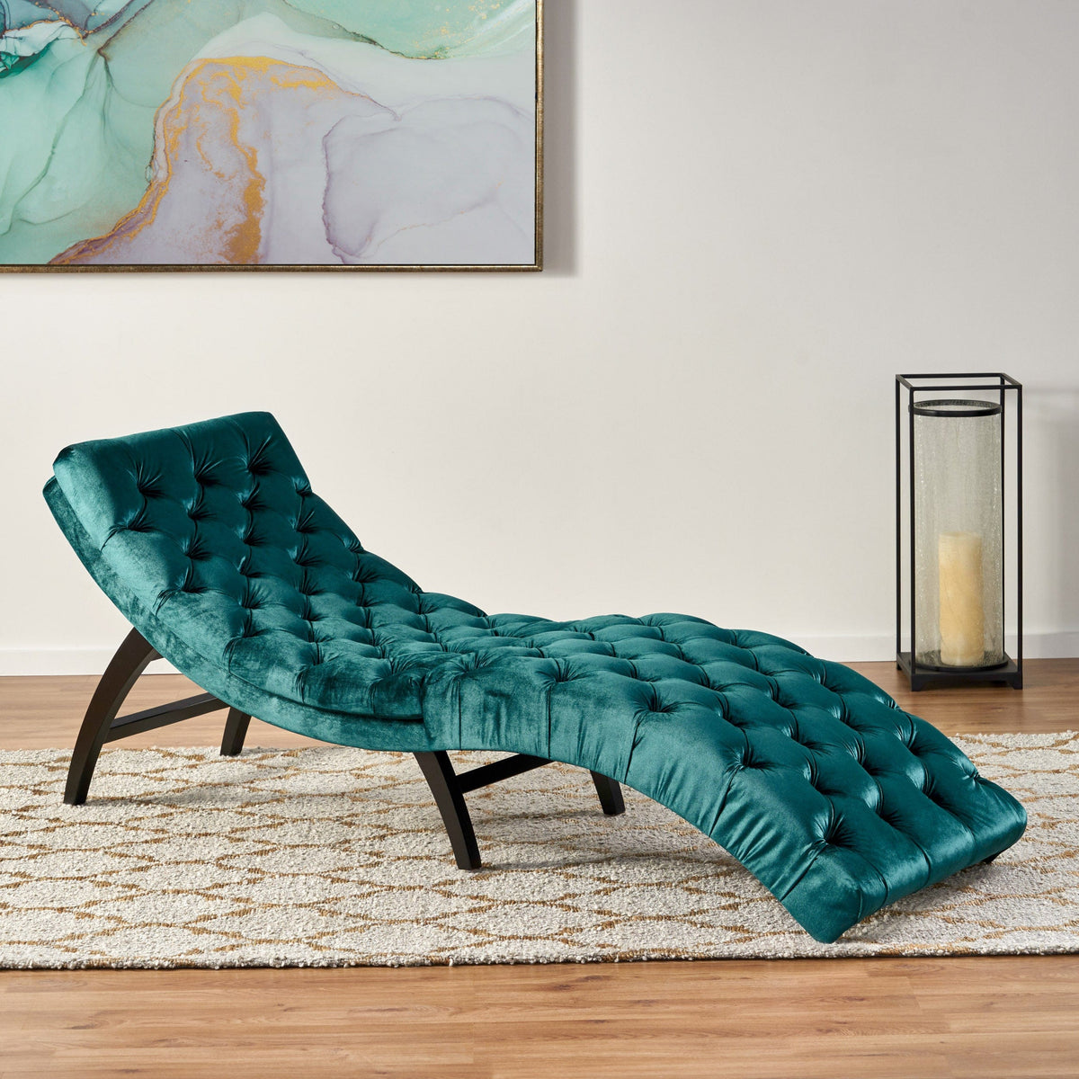 THE FURNITURE CO. Convertible Sofa Sleeper Teal Velvet Tufted Chaise Lounge