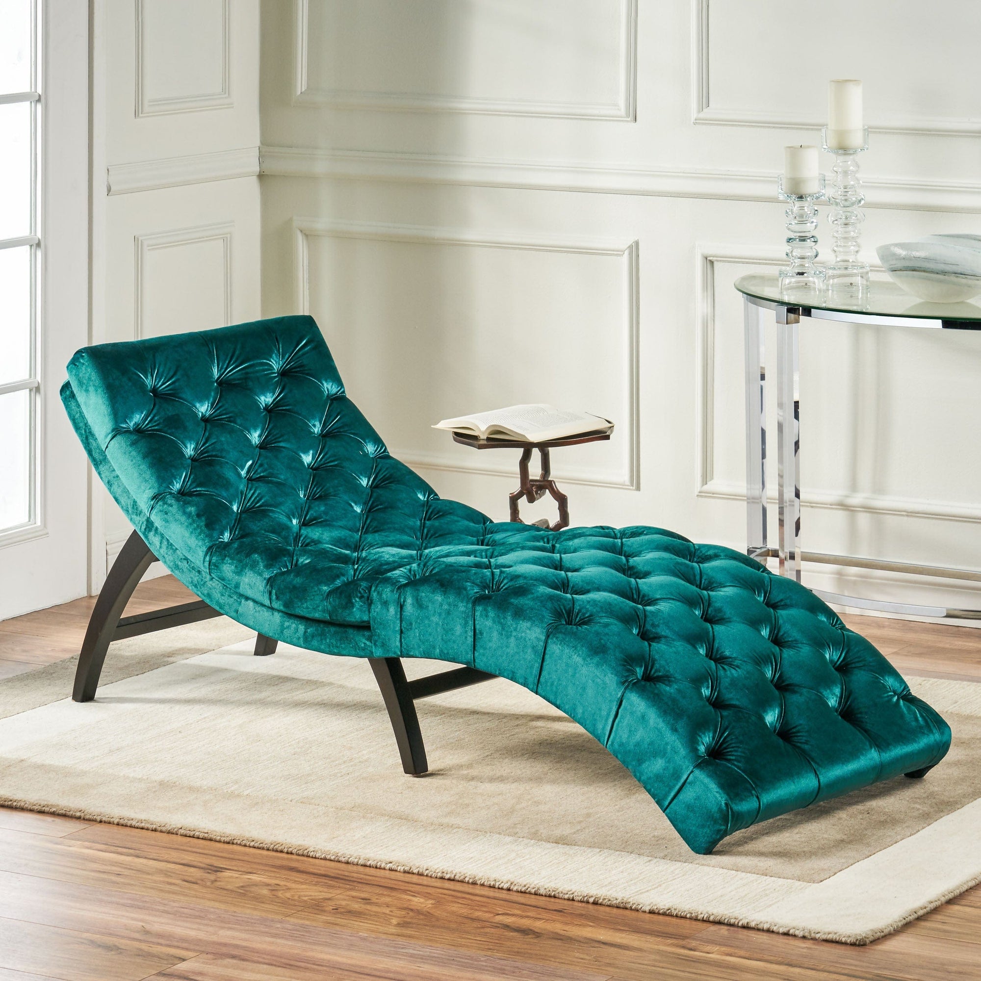 THE FURNITURE CO. Convertible Sofa Sleeper Teal Velvet Tufted Chaise Lounge