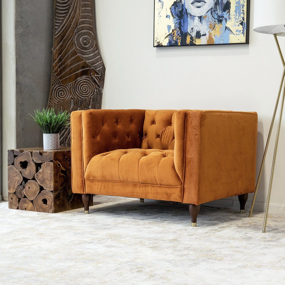 THE FURNITURE CO. Lounge Chairs Luxury Burnt Orange Velvet Lounge Chair for Stylish Living Spaces