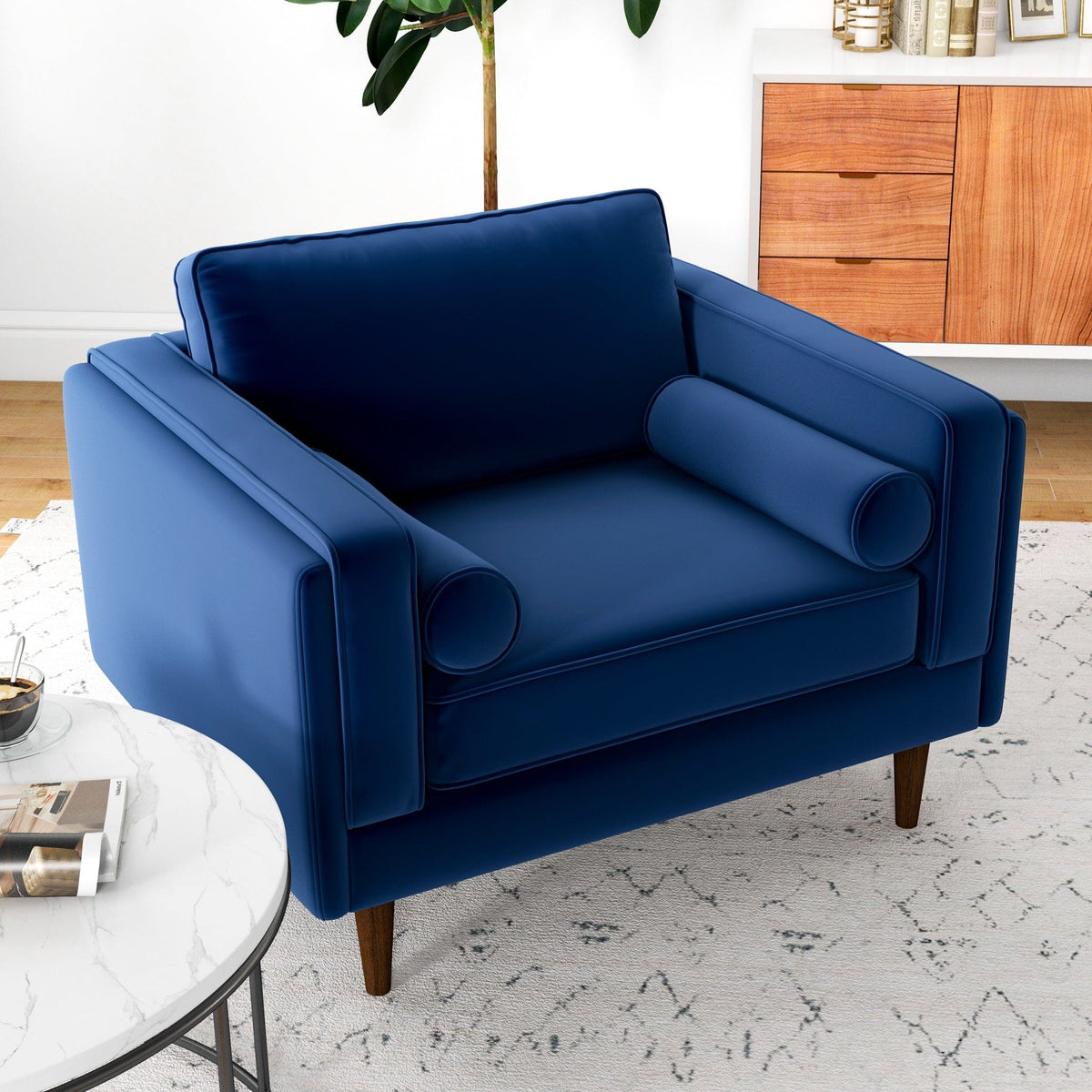 THE FURNITURE CO. Lounge Chairs Stylish Navy Blue Easy Clean Velvet Lounge Chair for Living Spaces
