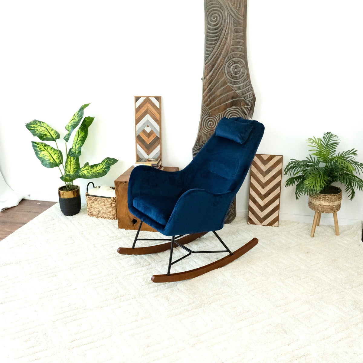 THE FURNITURE CO. Luxury Blue Velvet Rocking Chair for Elegant Living Spaces