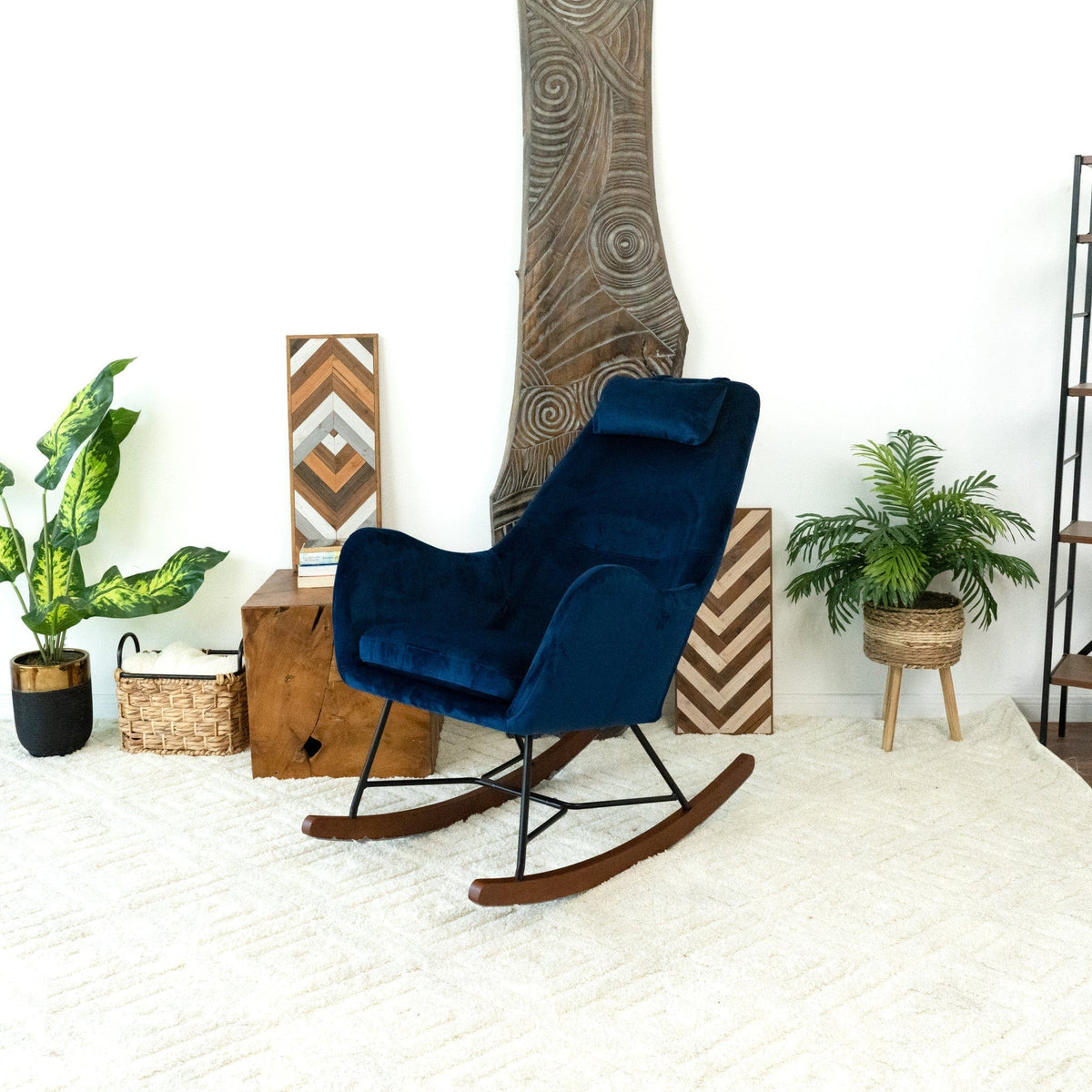 THE FURNITURE CO. Luxury Blue Velvet Rocking Chair for Elegant Living Spaces