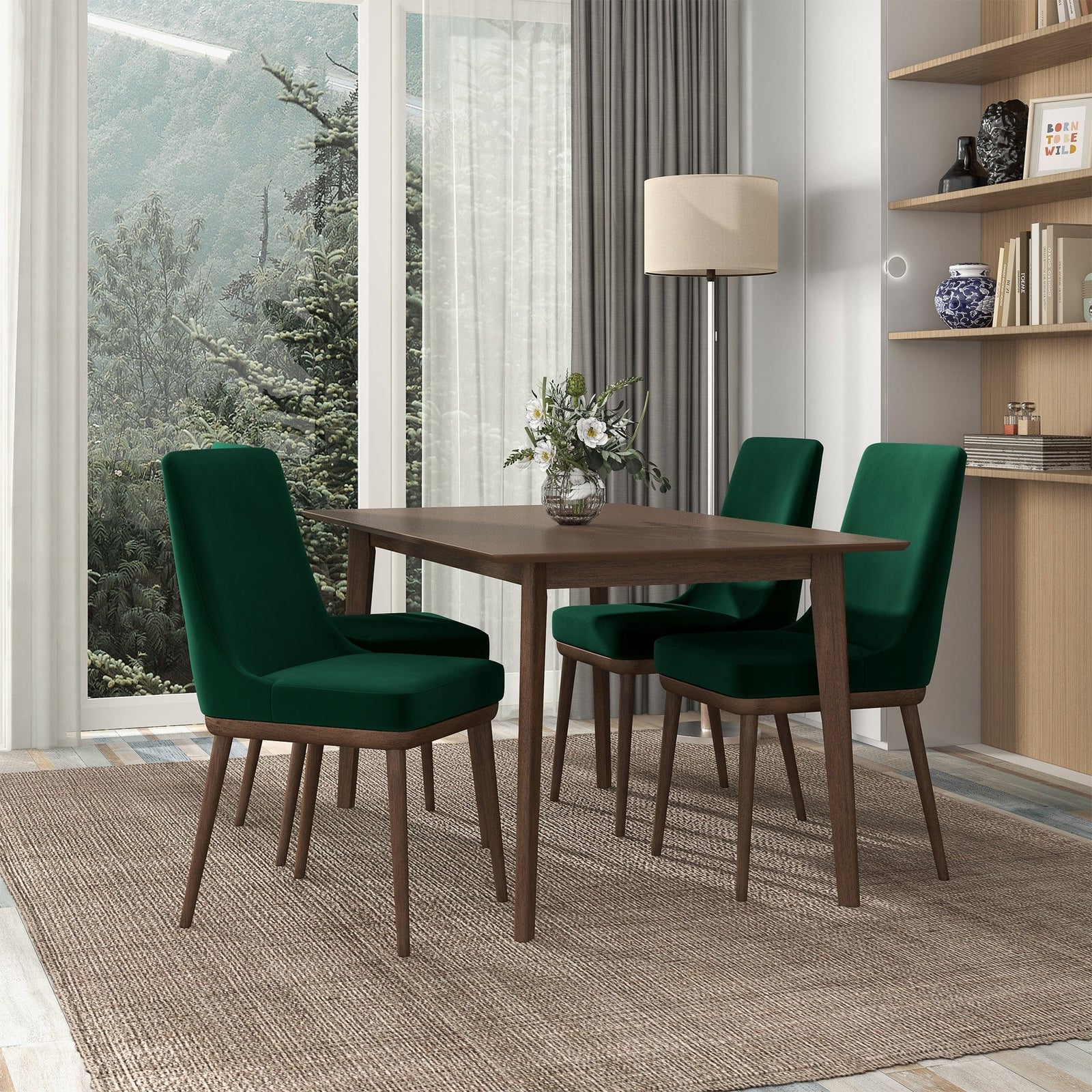 THE FURNITURE CO. Luxury Green Velvet Solid Wood Dining Chairs for Elegant Dining Spaces