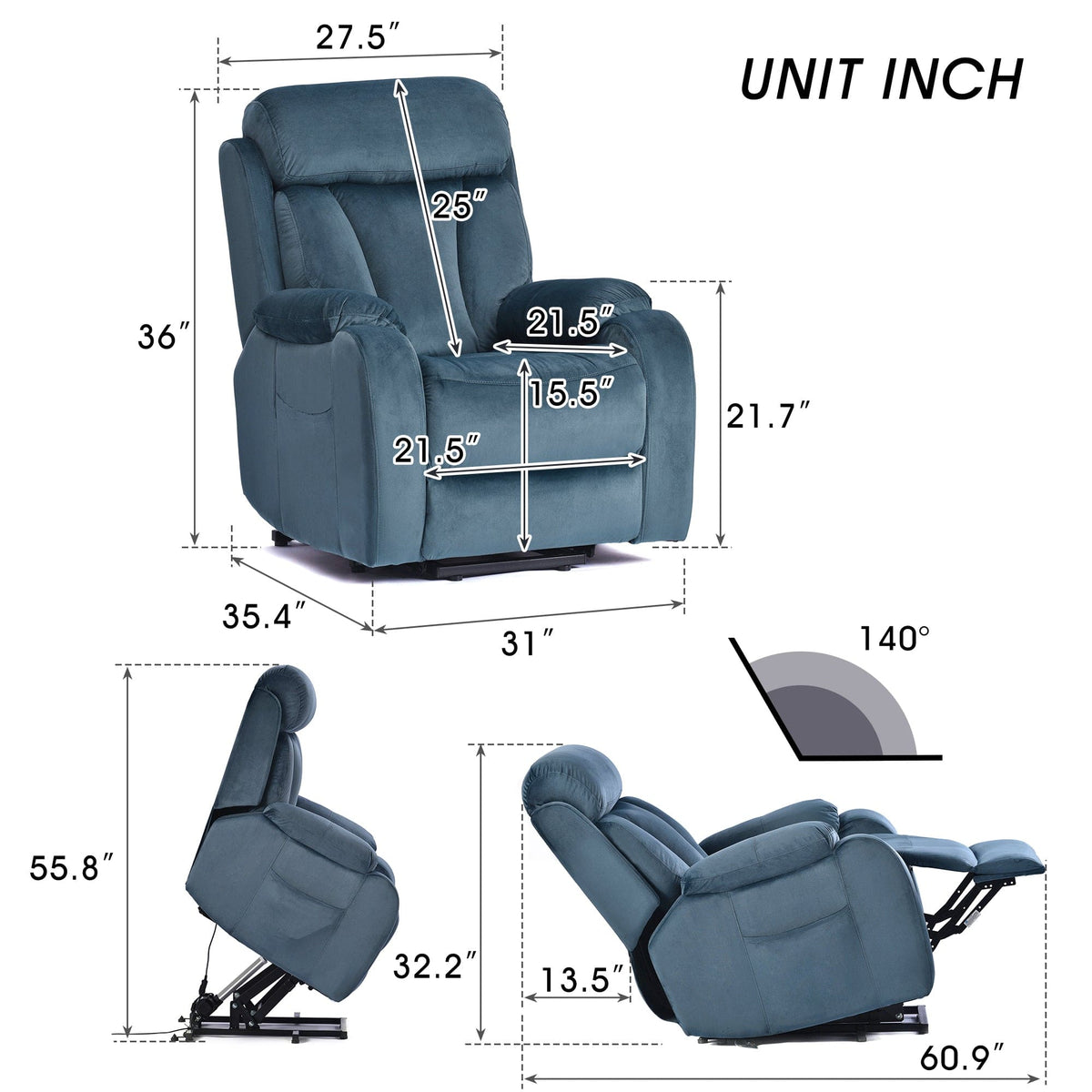 THE FURNITURE CO. Power Lift Recliner Power Lift Recliner Chair In Navy Blue - Electric Sofa with Remote Control