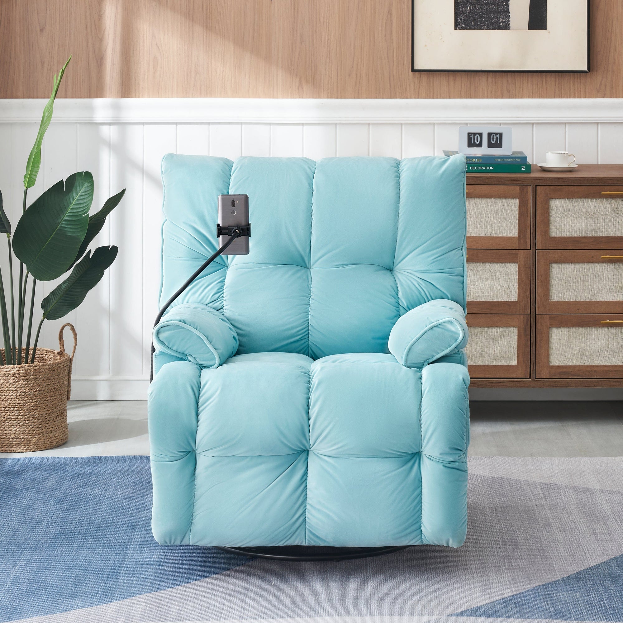 THE FURNITURE CO. Power Recliner Cyan Velvet Convertible Recliner Sofa Chair With Phone Holder