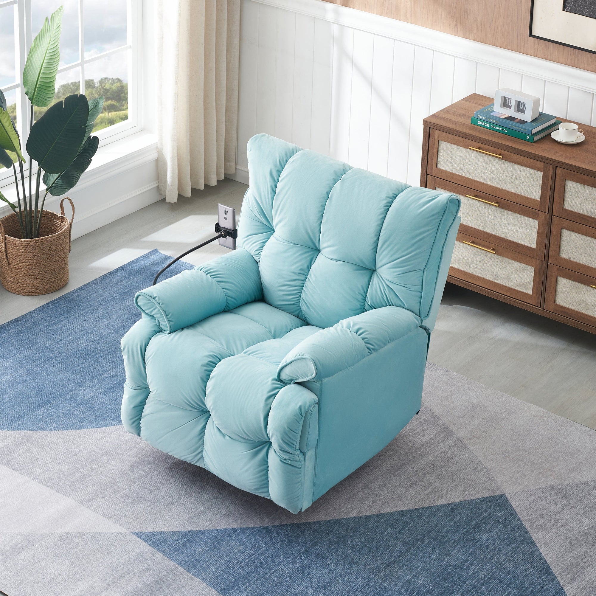 THE FURNITURE CO. Power Recliner Cyan Velvet Convertible Recliner Sofa Chair With Phone Holder